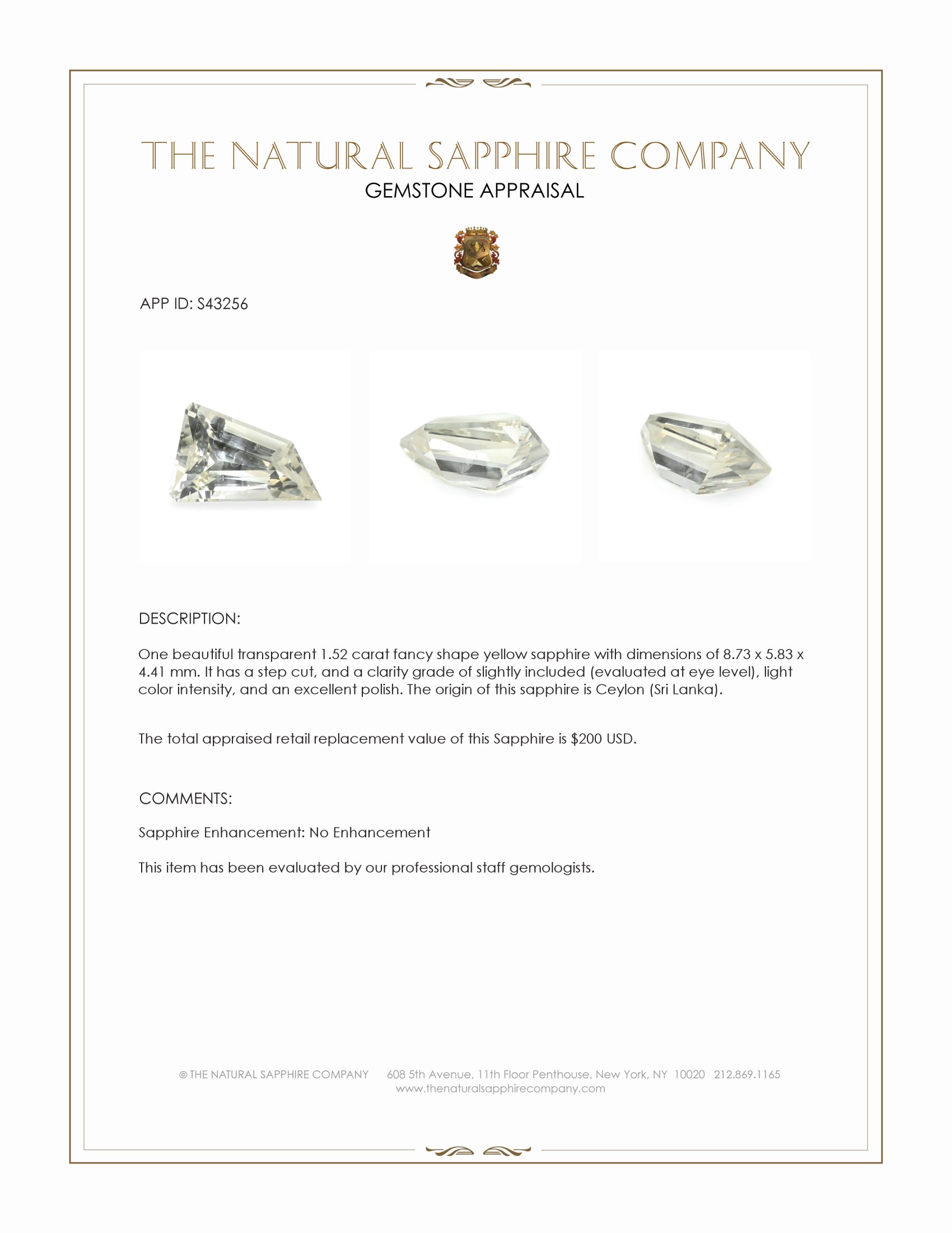 1.52 Ct. Yellow Sapphire from Ceylon (Sri Lanka)