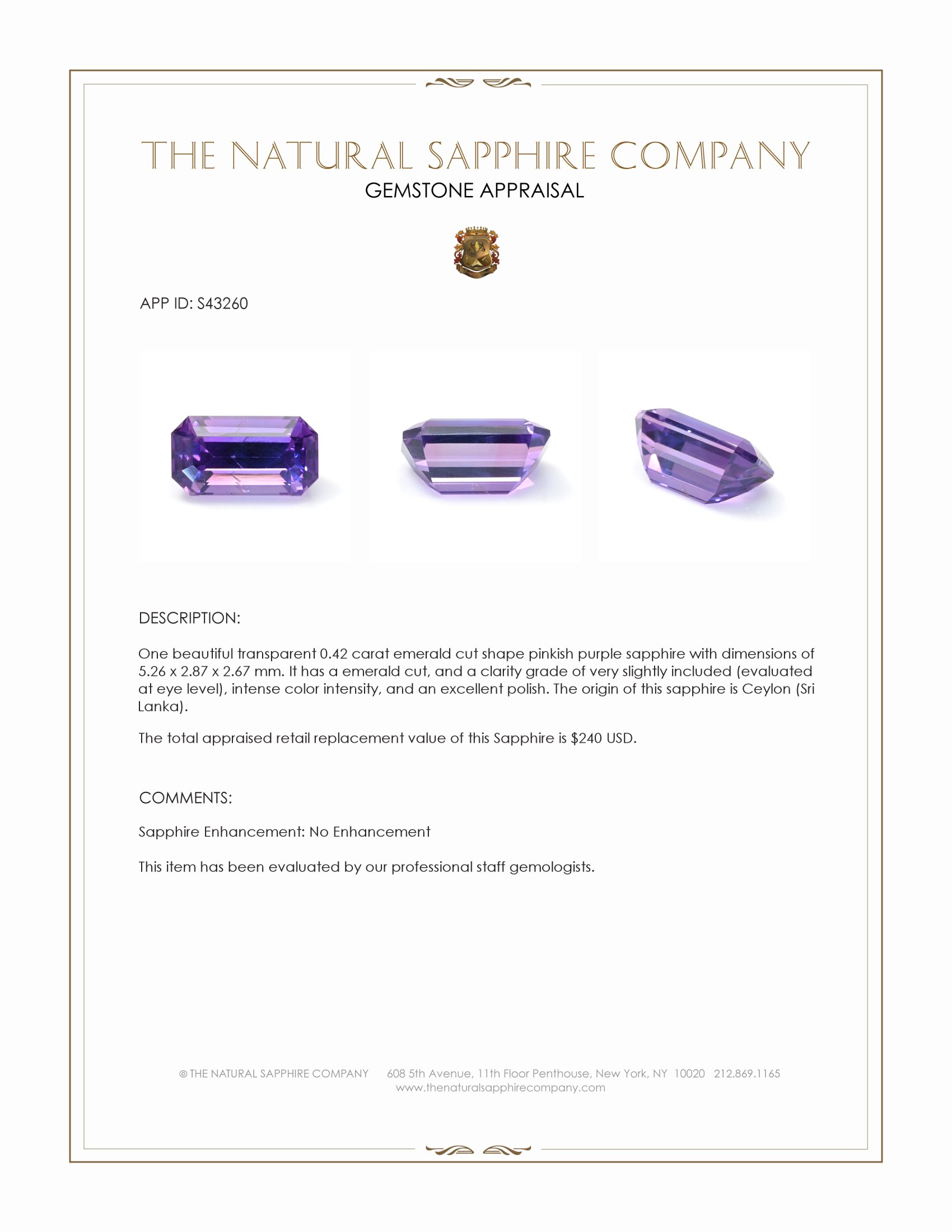 0.42 Ct. Pinkish Purple Sapphire from Ceylon (Sri Lanka)