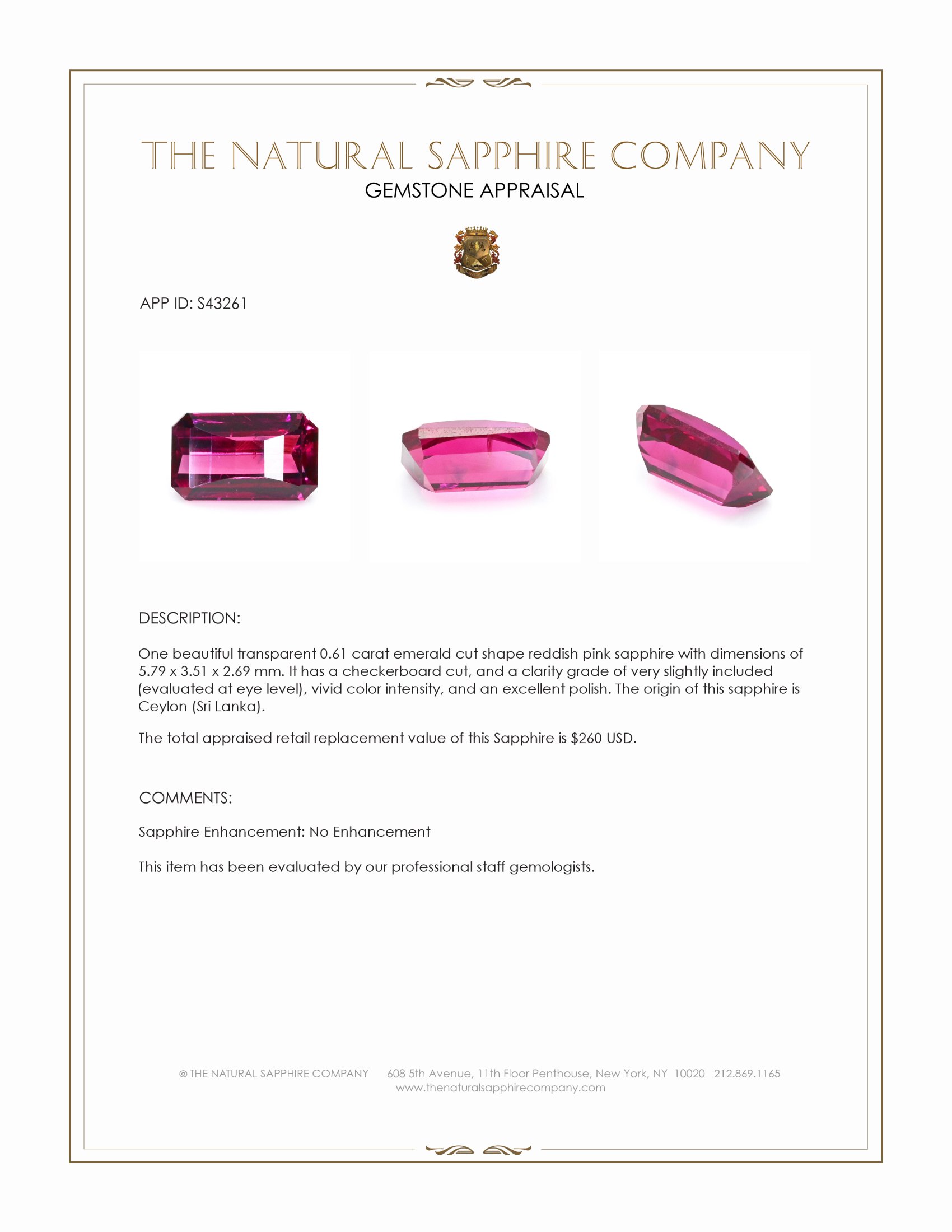 0.61 Ct. Reddish Pink Sapphire from Ceylon (Sri Lanka)