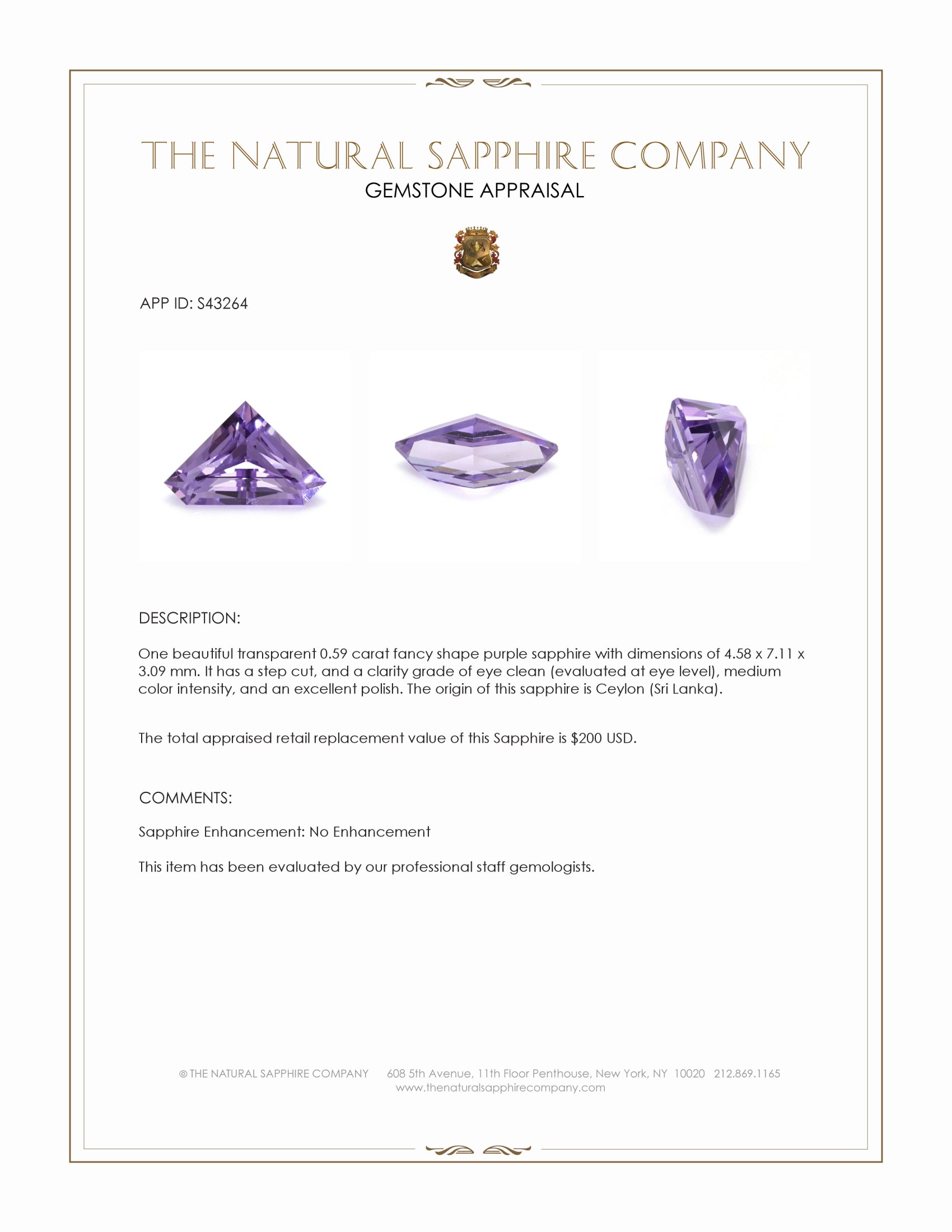 0.59 Ct. Purple Sapphire from Ceylon (Sri Lanka)