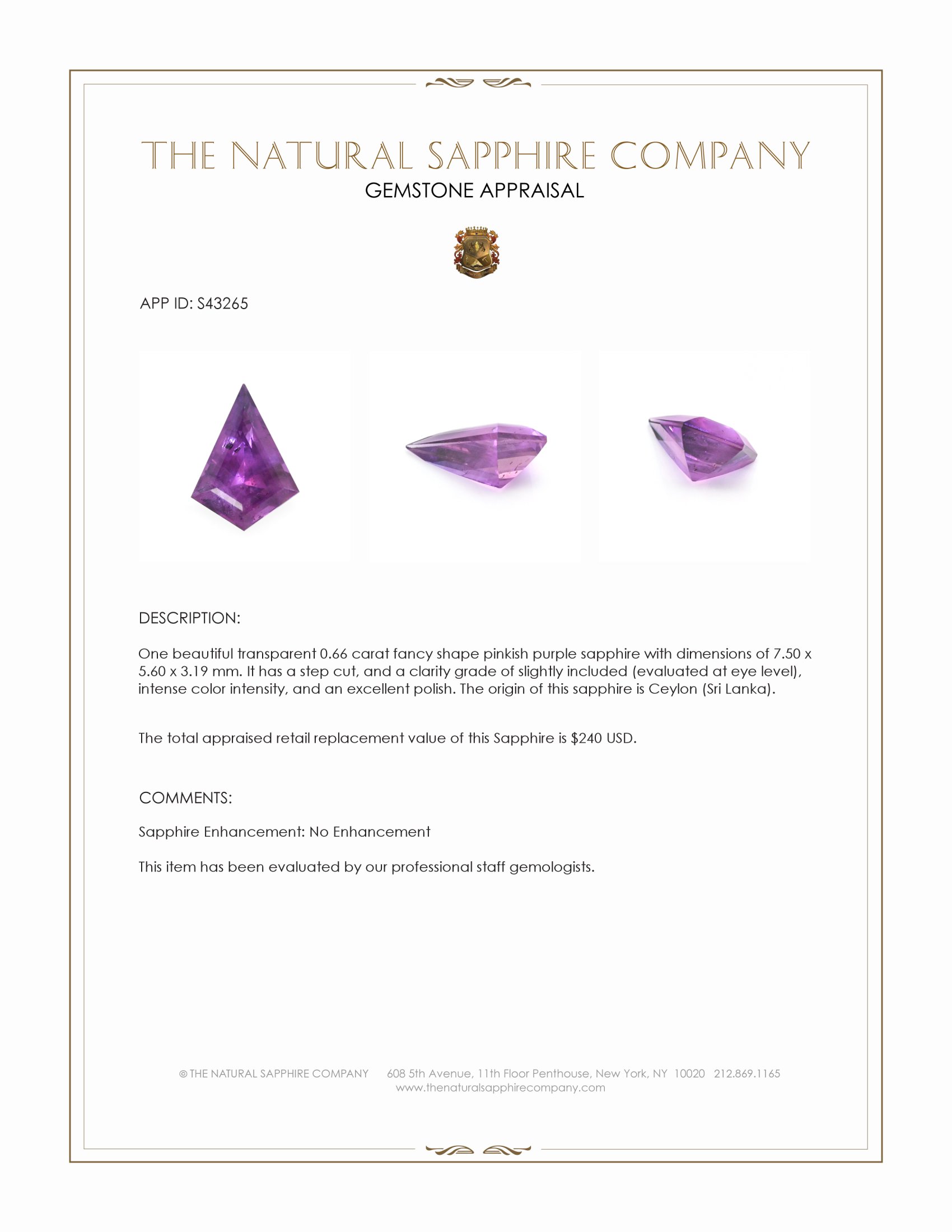 0.66 Ct. Pinkish Purple Sapphire from Ceylon (Sri Lanka)