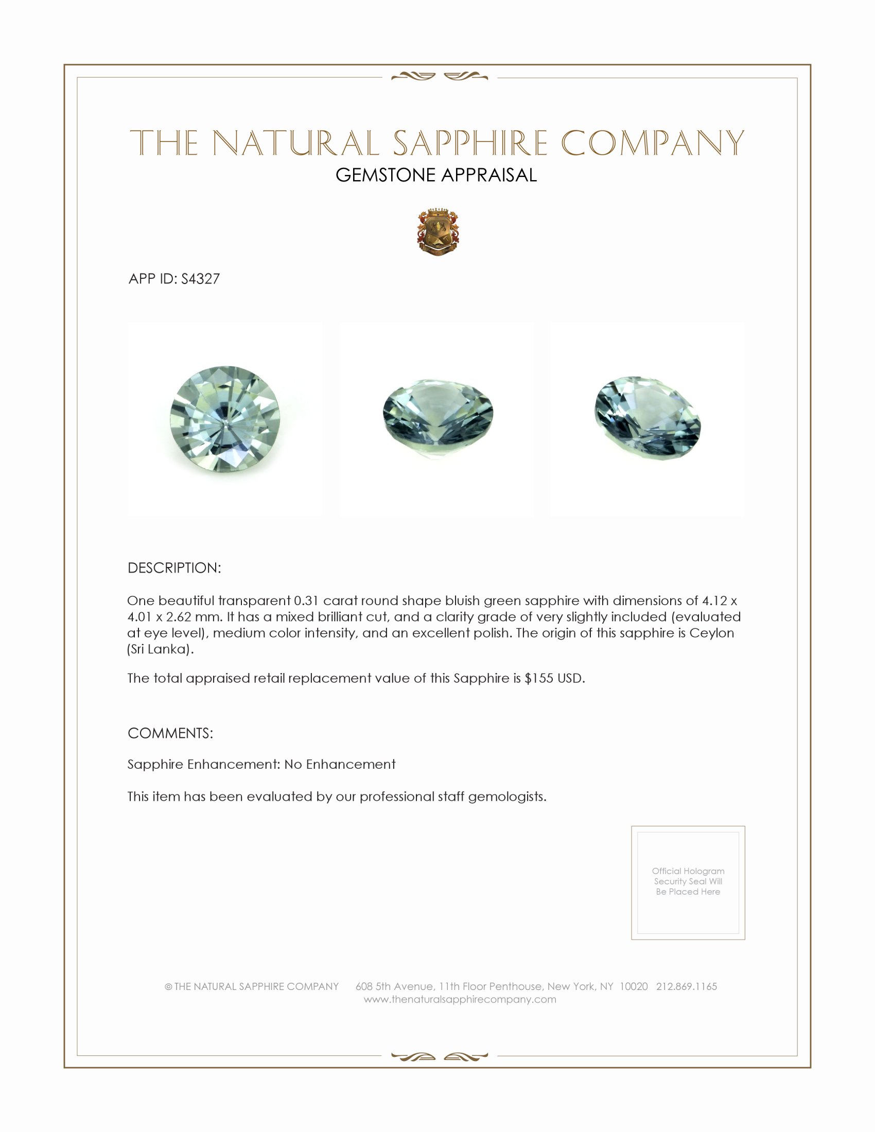 0.31 Ct. Bluish Green Sapphire from Ceylon (Sri Lanka)
