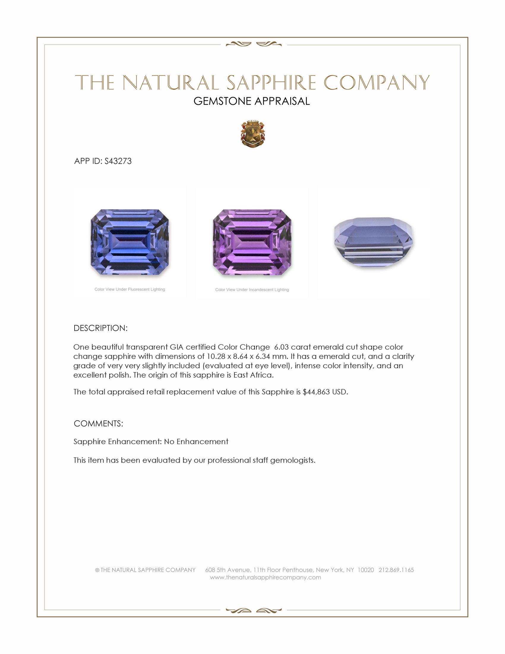6.03 Ct. Color Change Sapphire from East Africa