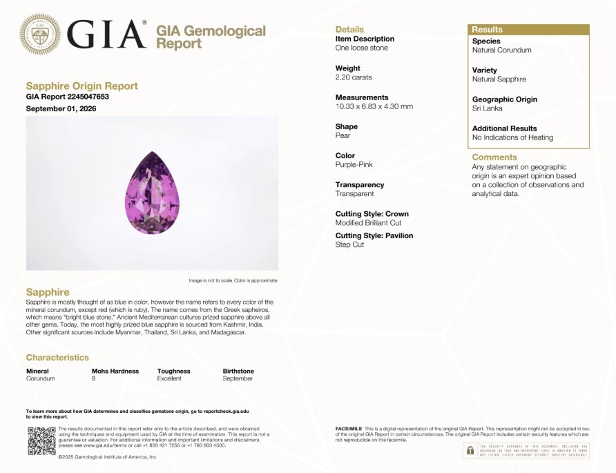 2.20 Ct. Pinkish Purple Sapphire from Ceylon (Sri Lanka)