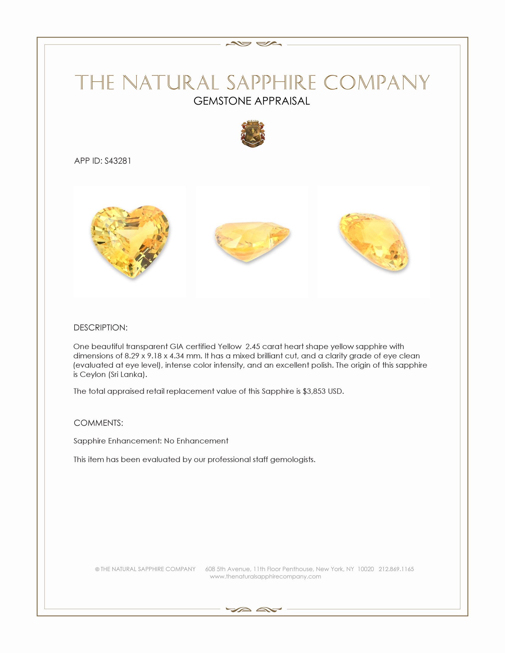 2.45 Ct. Yellow Sapphire from Ceylon (Sri Lanka)