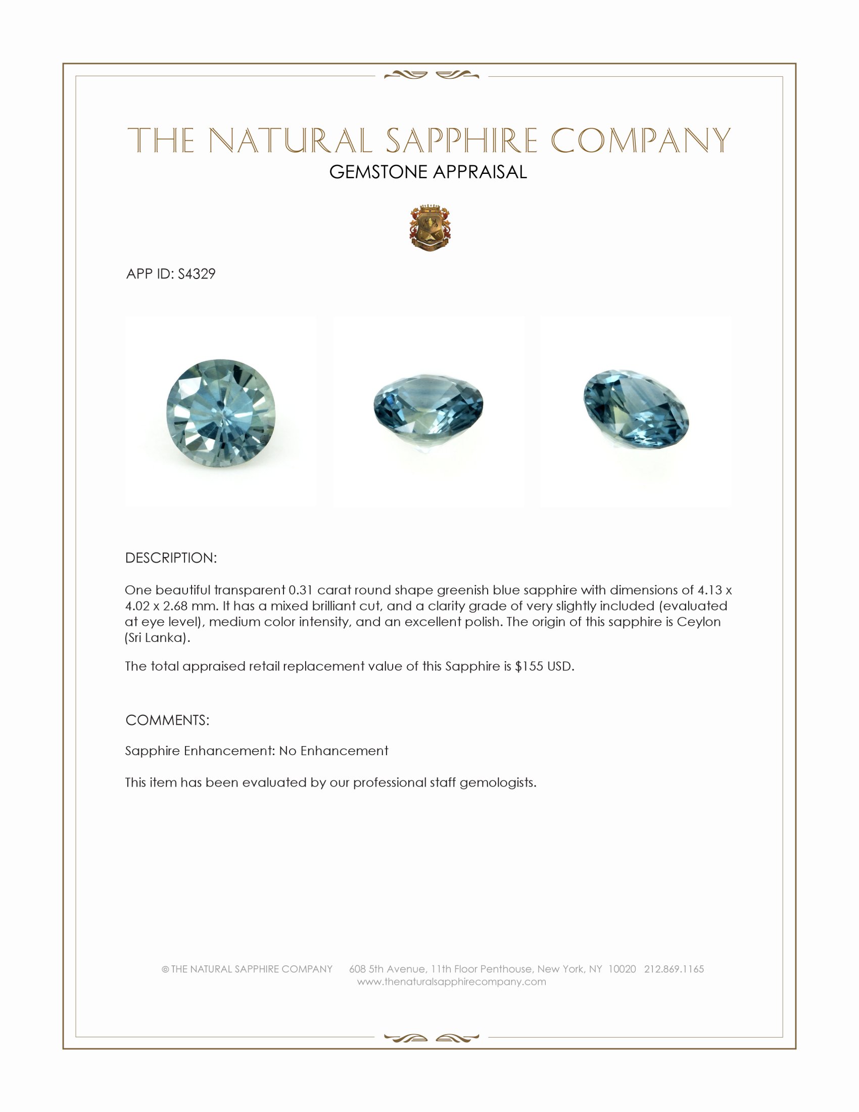 0.31 Ct. Greenish Blue Sapphire from Ceylon (Sri Lanka)