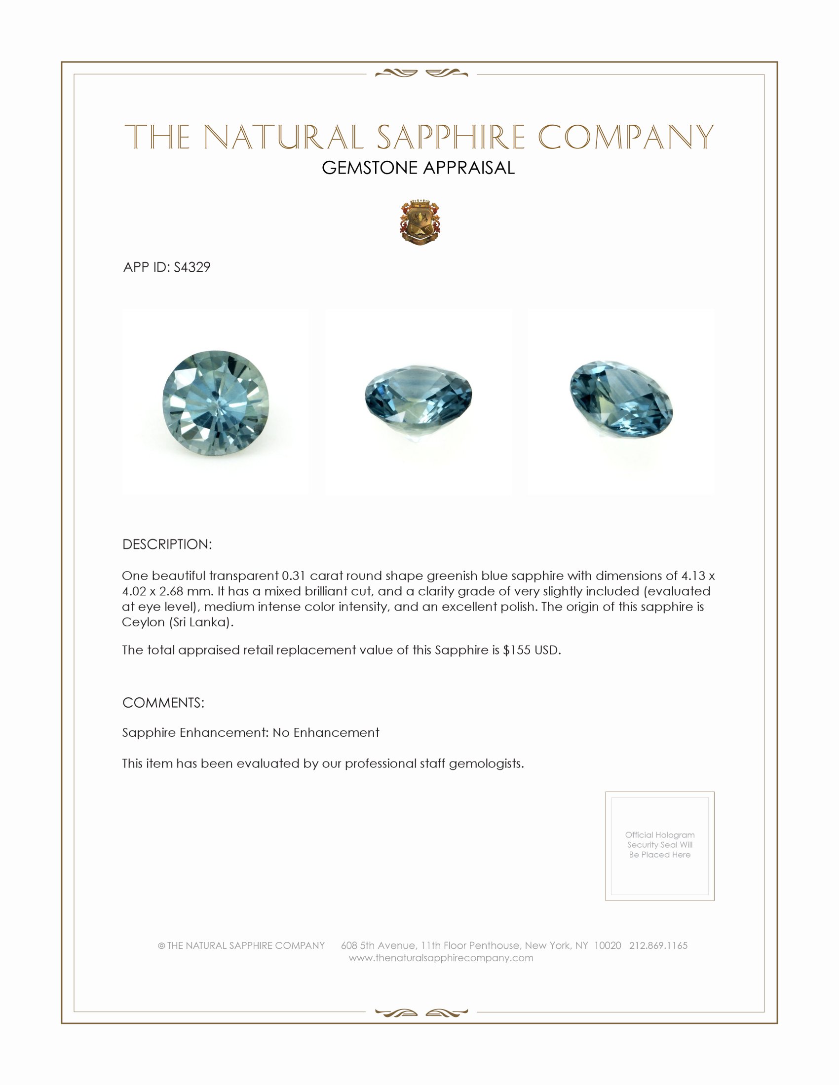 0.31 Ct. Greenish Blue Sapphire from Ceylon (Sri Lanka)