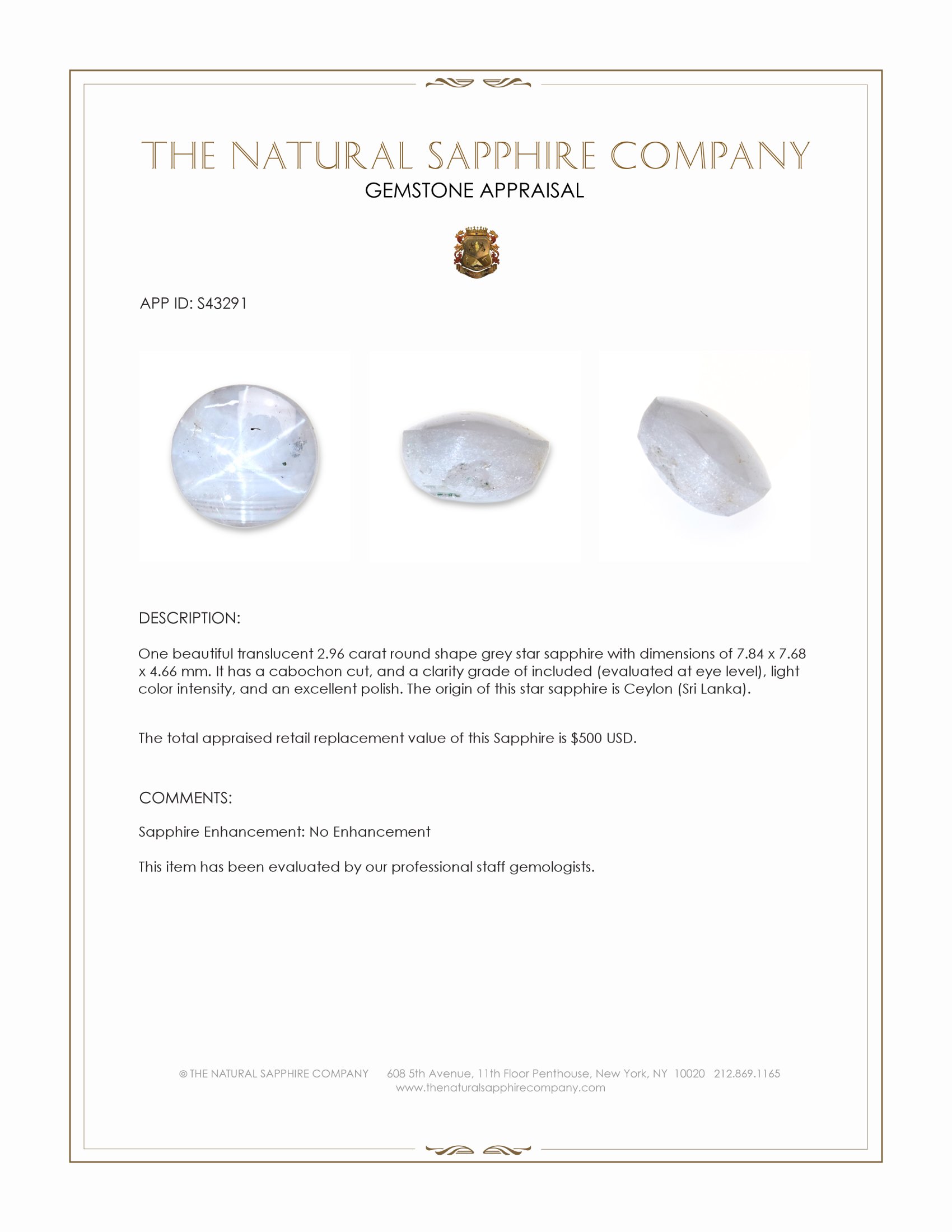 2.96 Ct. Grey Star Sapphire from Ceylon (Sri Lanka)