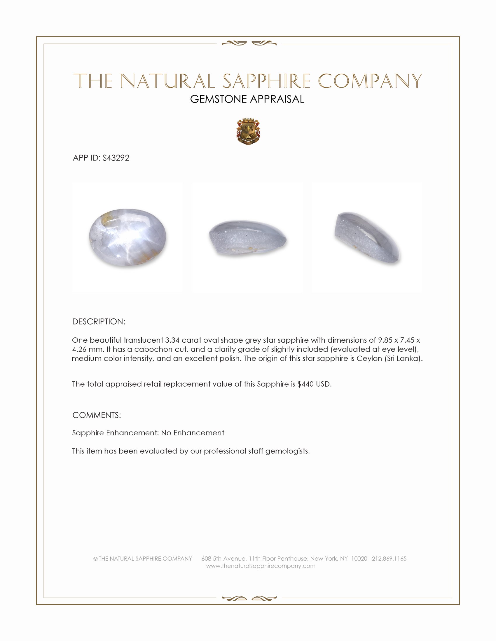 3.34 Ct. Grey Star Sapphire from Ceylon (Sri Lanka)