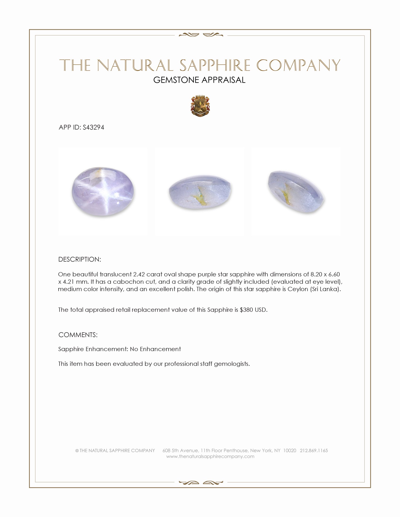 2.42 Ct. Purple Star Sapphire from Ceylon (Sri Lanka)