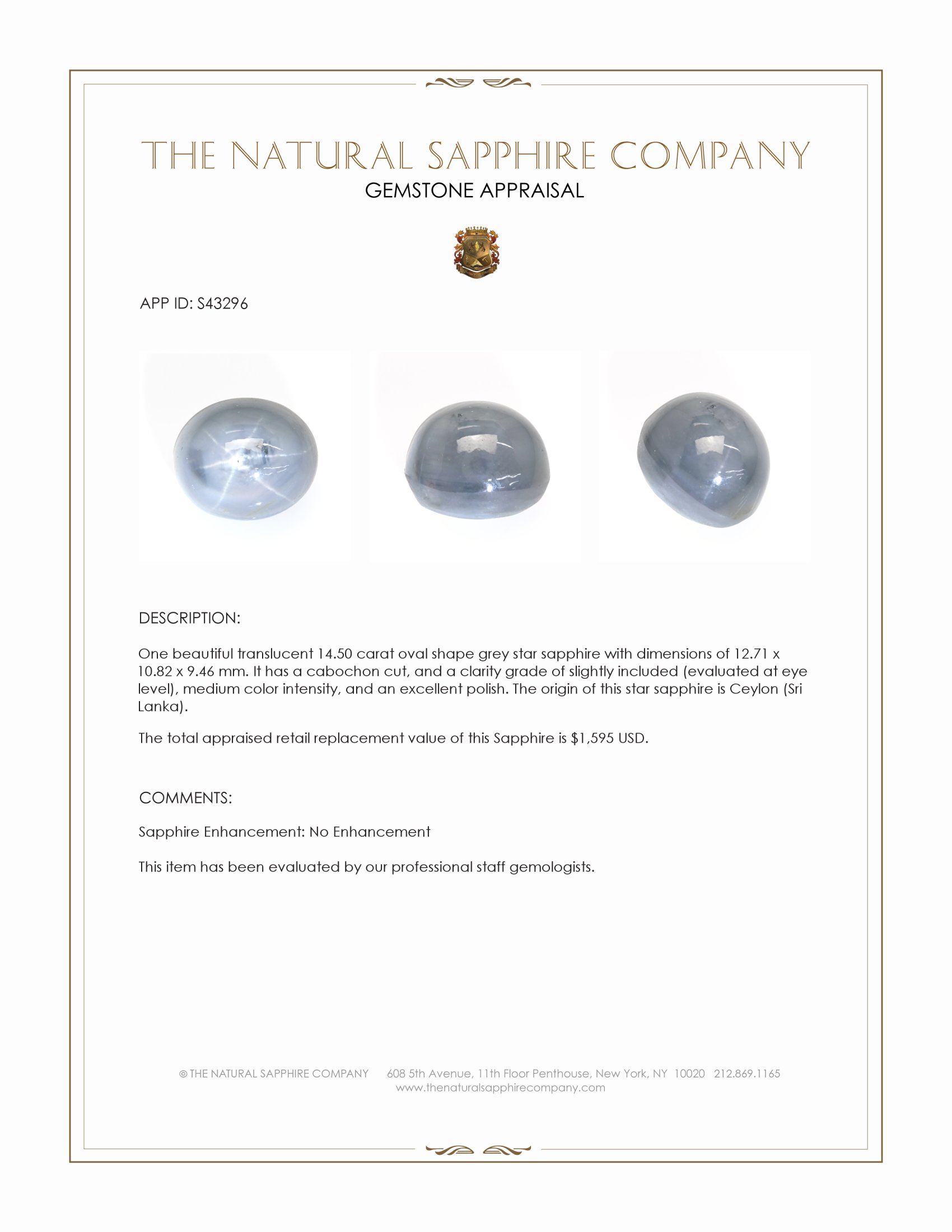 14.50 Ct. Grey Star Sapphire from Ceylon (Sri Lanka)