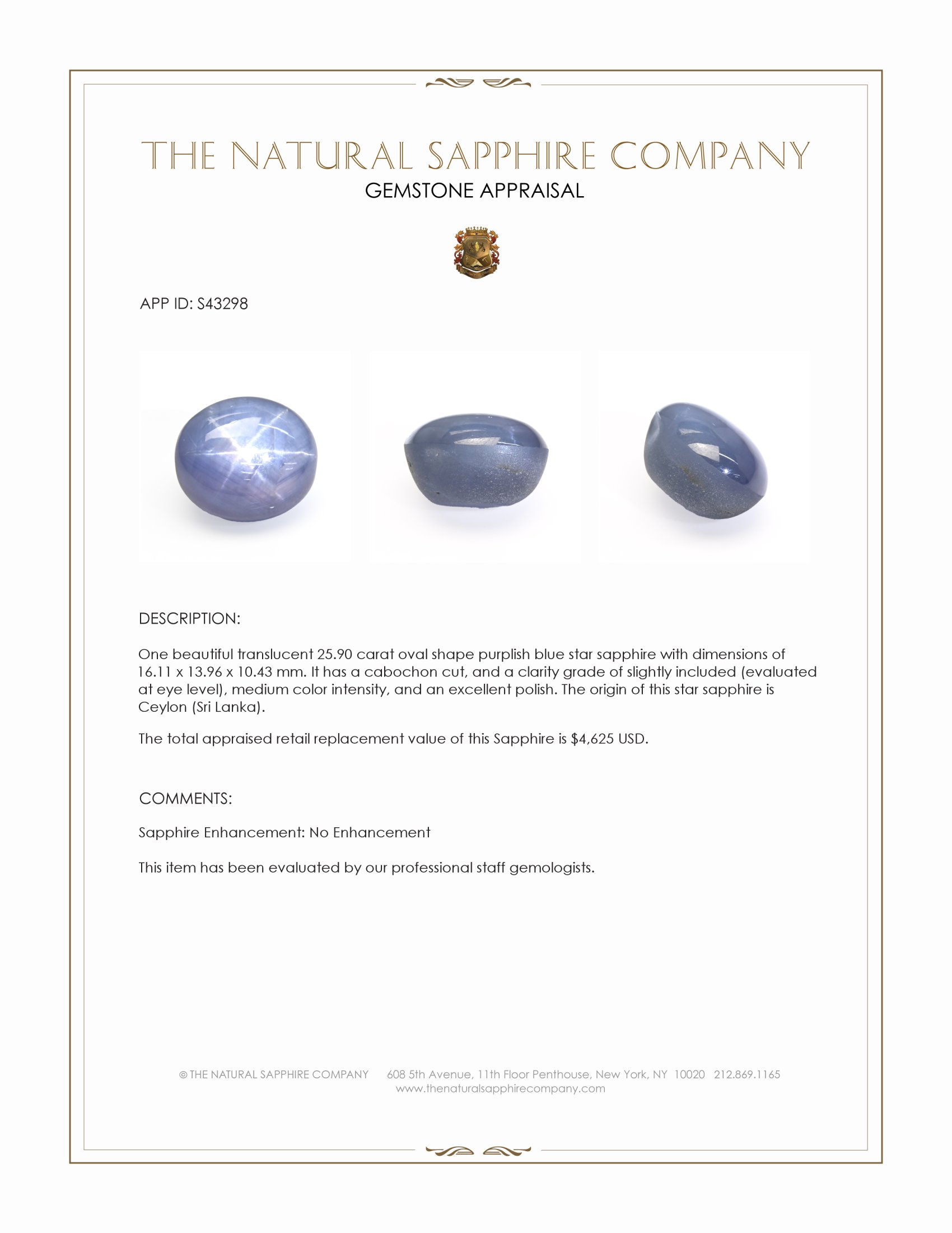 25.90 Ct. Purplish Blue Star Sapphire from Ceylon (Sri Lanka)