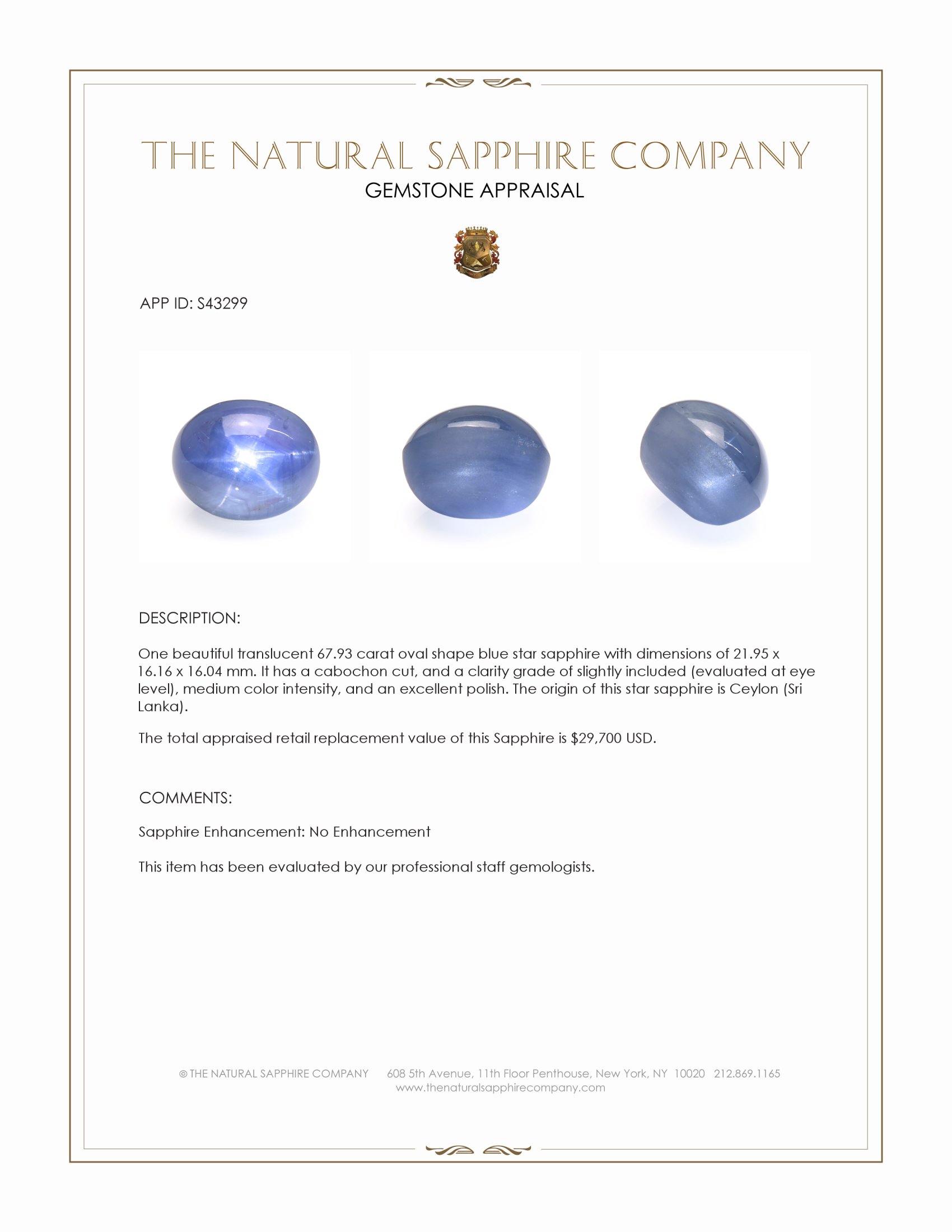 67.93 Ct. Blue Star Sapphire from Ceylon (Sri Lanka)
