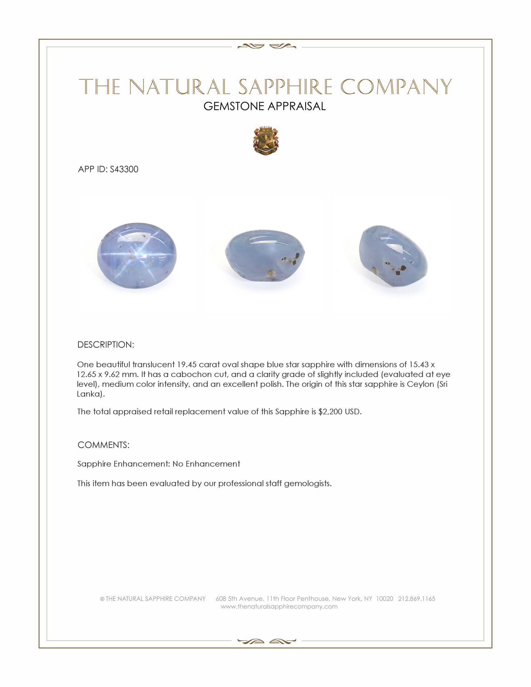 19.45 Ct. Blue Star Sapphire from Ceylon (Sri Lanka)