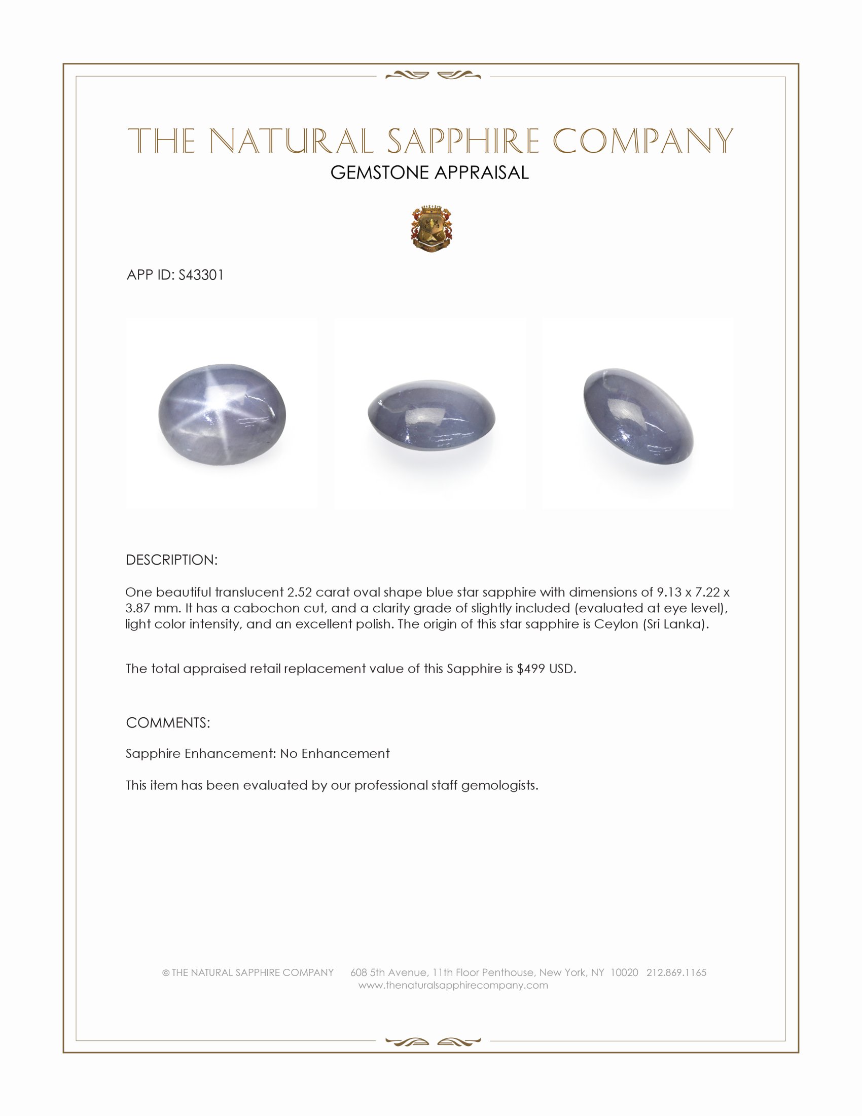 2.52 Ct. Blue Star Sapphire from Ceylon (Sri Lanka)