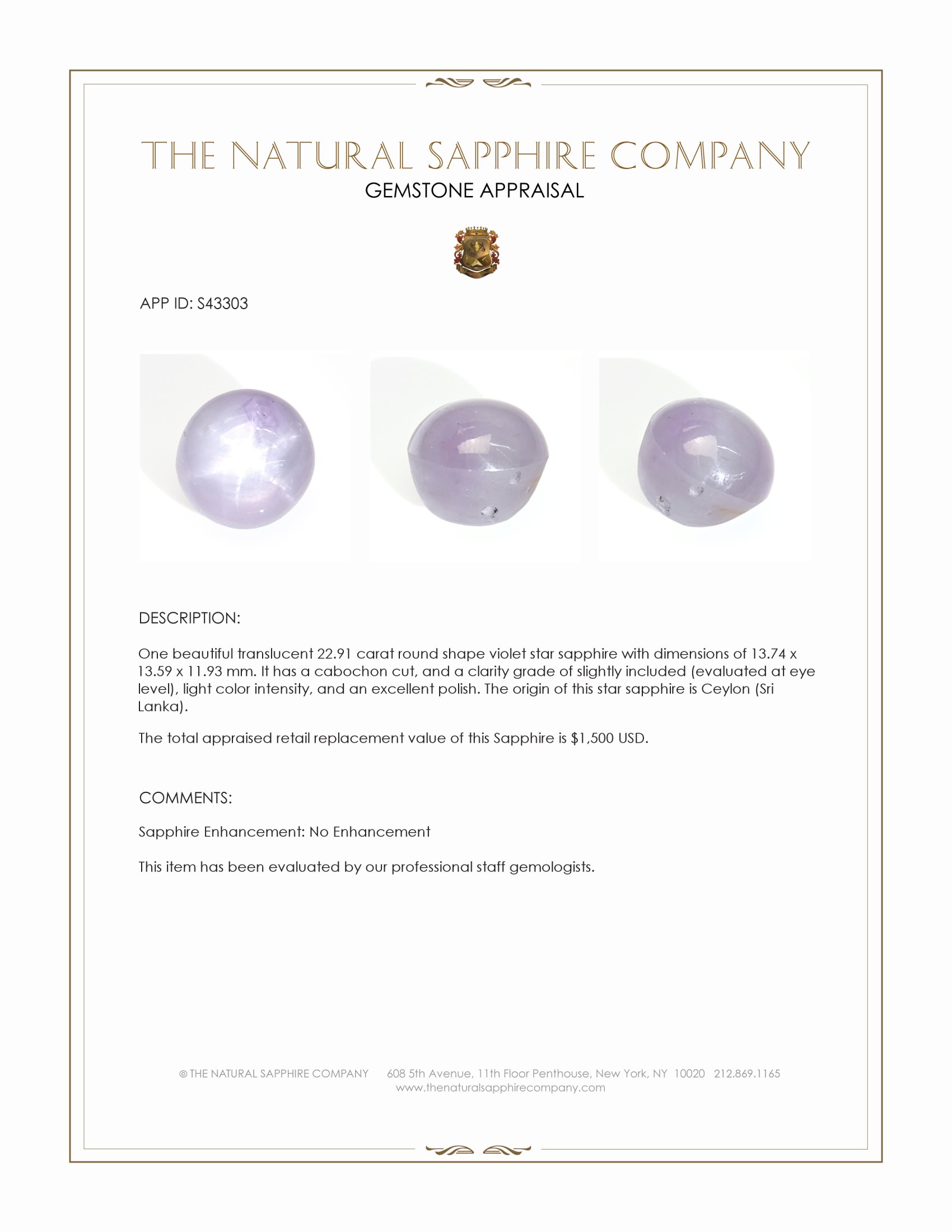 22.91 Ct. Violet Star Sapphire from Ceylon (Sri Lanka)