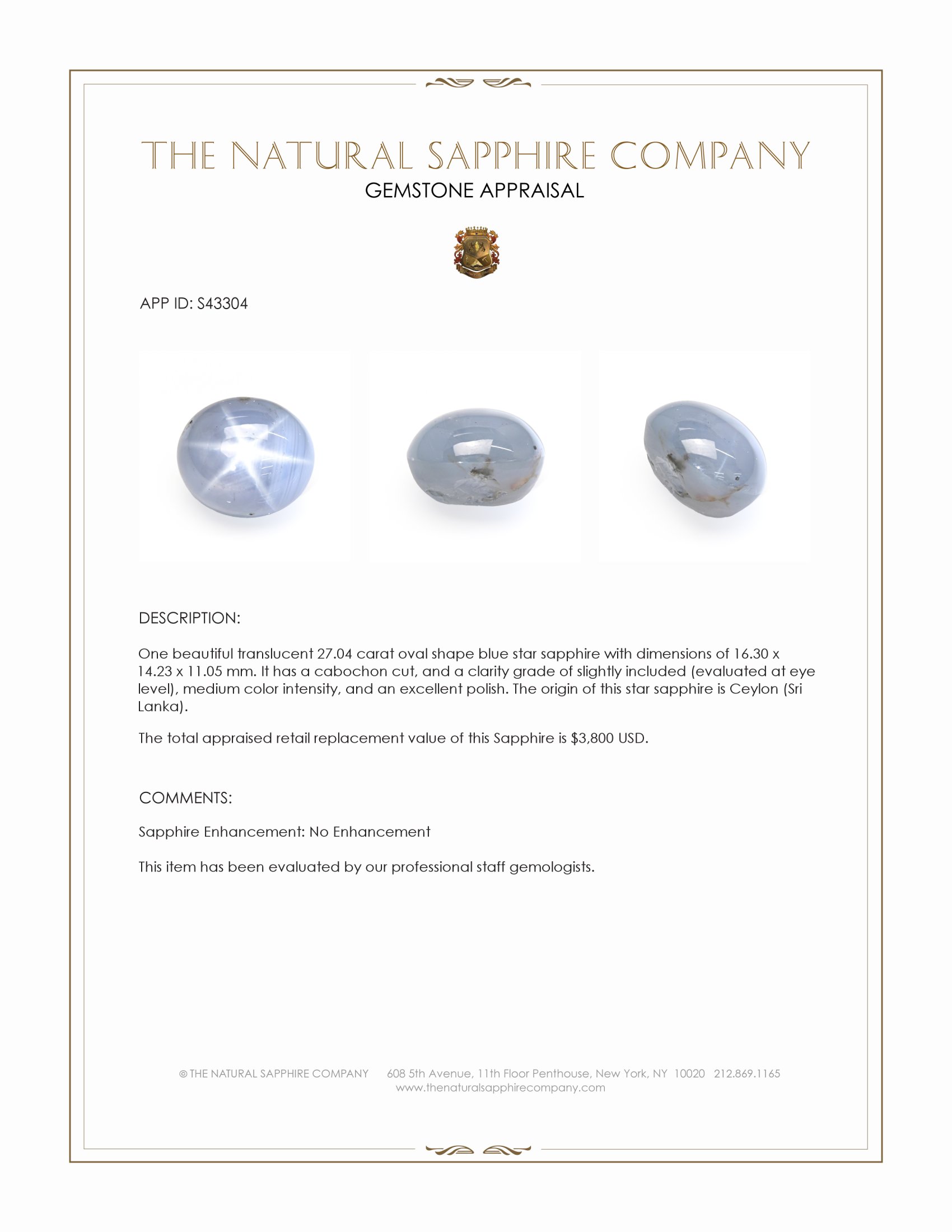27.04 Ct. Blue Star Sapphire from Ceylon (Sri Lanka)
