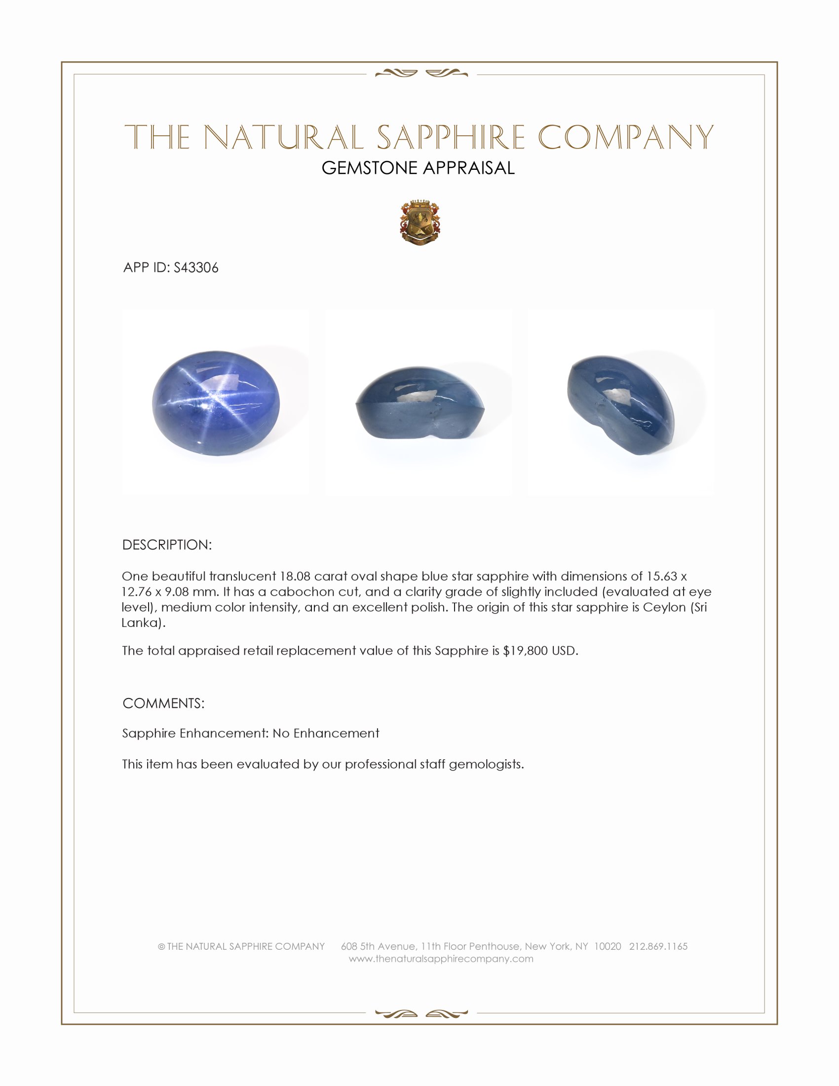 18.08 Ct. Blue Star Sapphire from Ceylon (Sri Lanka)