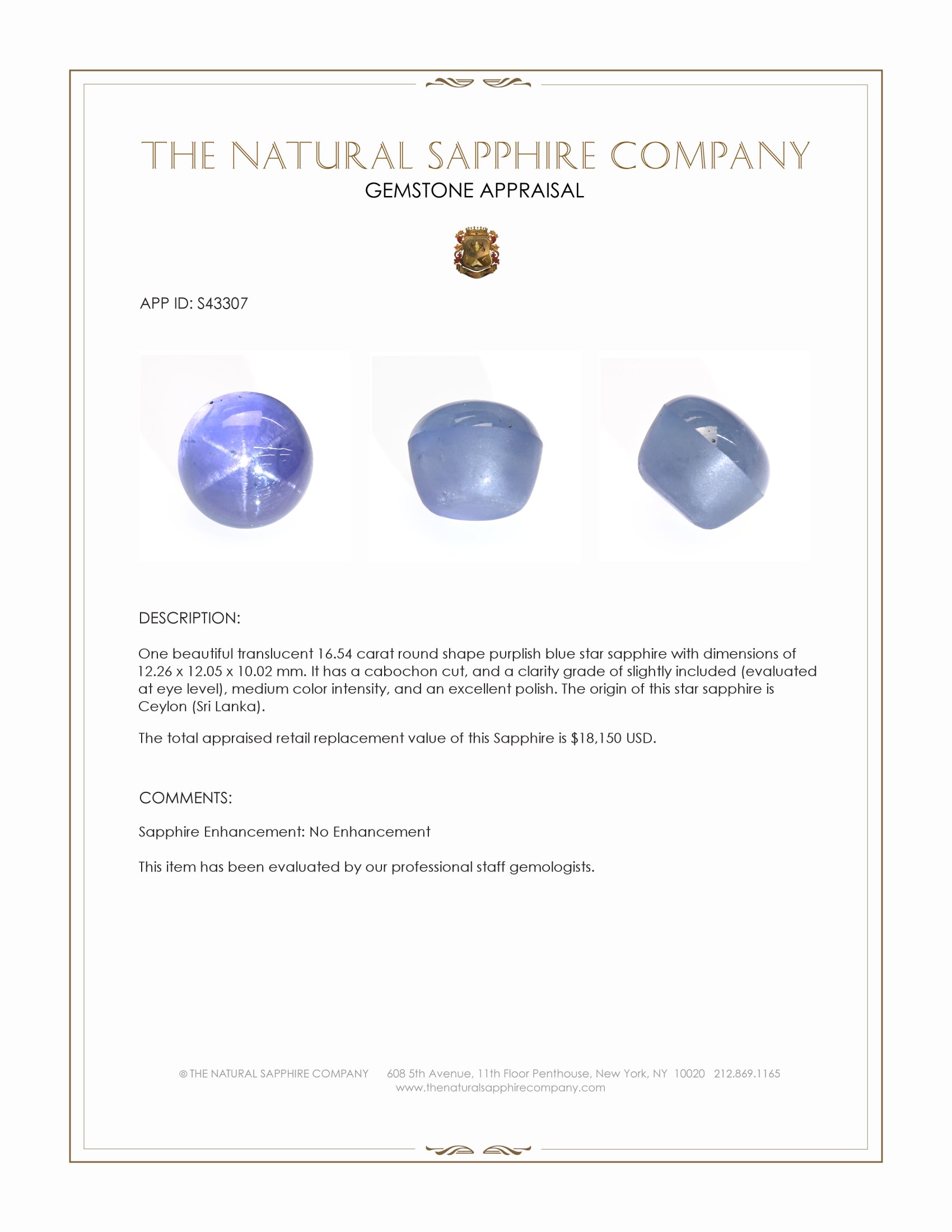 16.54 Ct. Purplish Blue Star Sapphire from Ceylon (Sri Lanka)