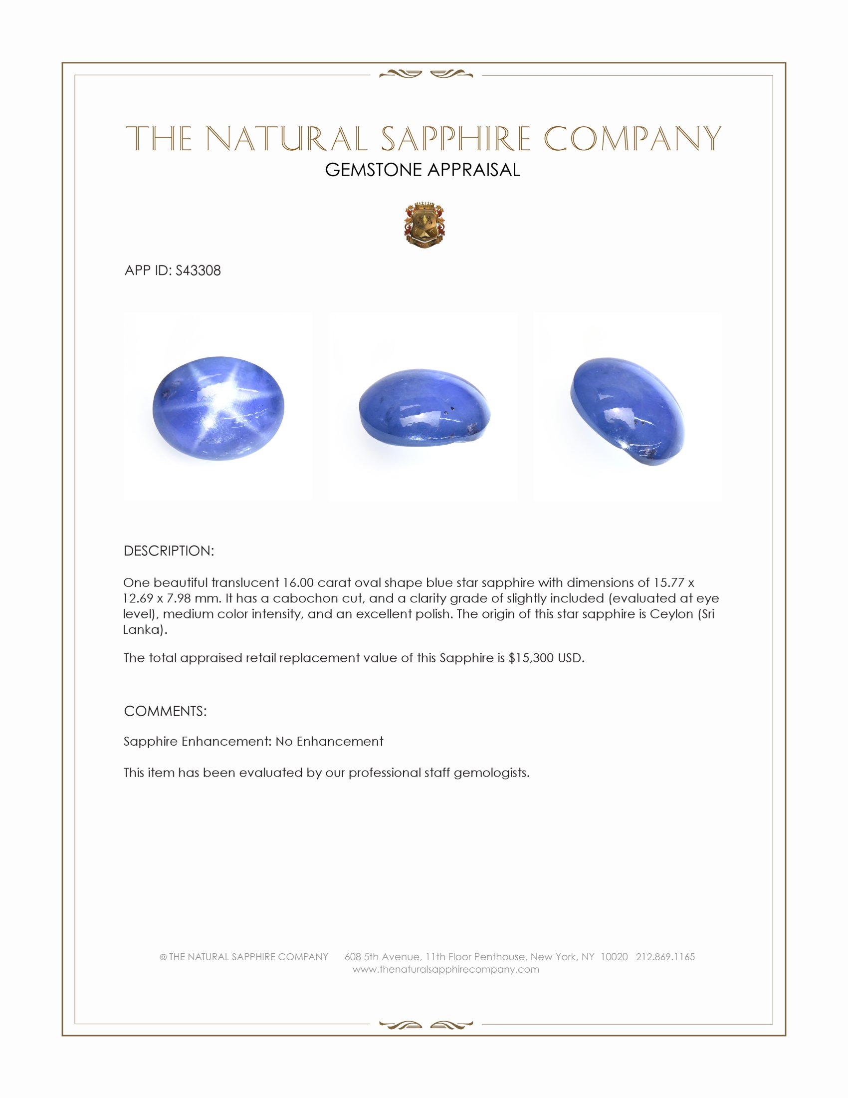 16.00 Ct. Blue Star Sapphire from Ceylon (Sri Lanka)