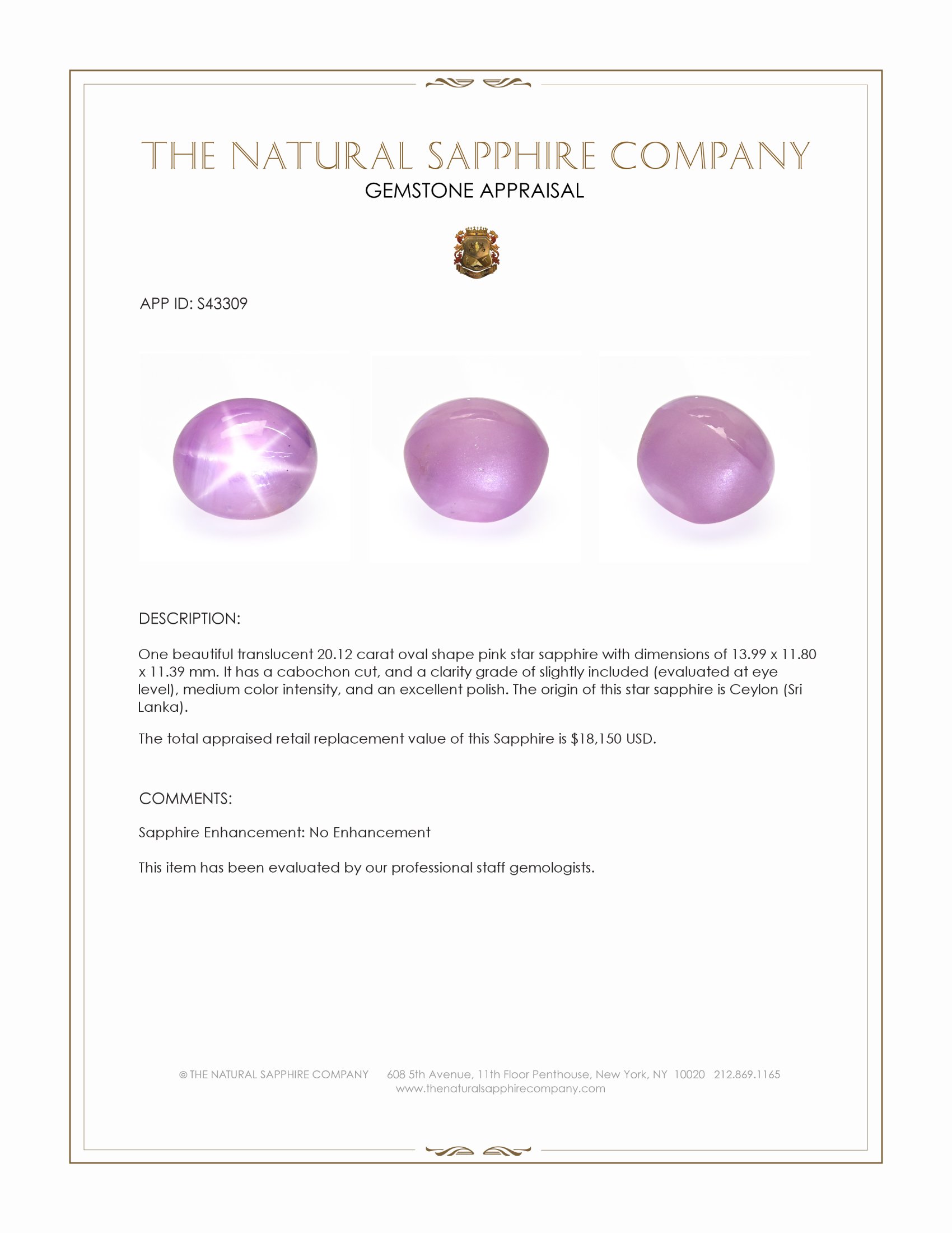 20.12 Ct. Pink Star Sapphire from Ceylon (Sri Lanka)