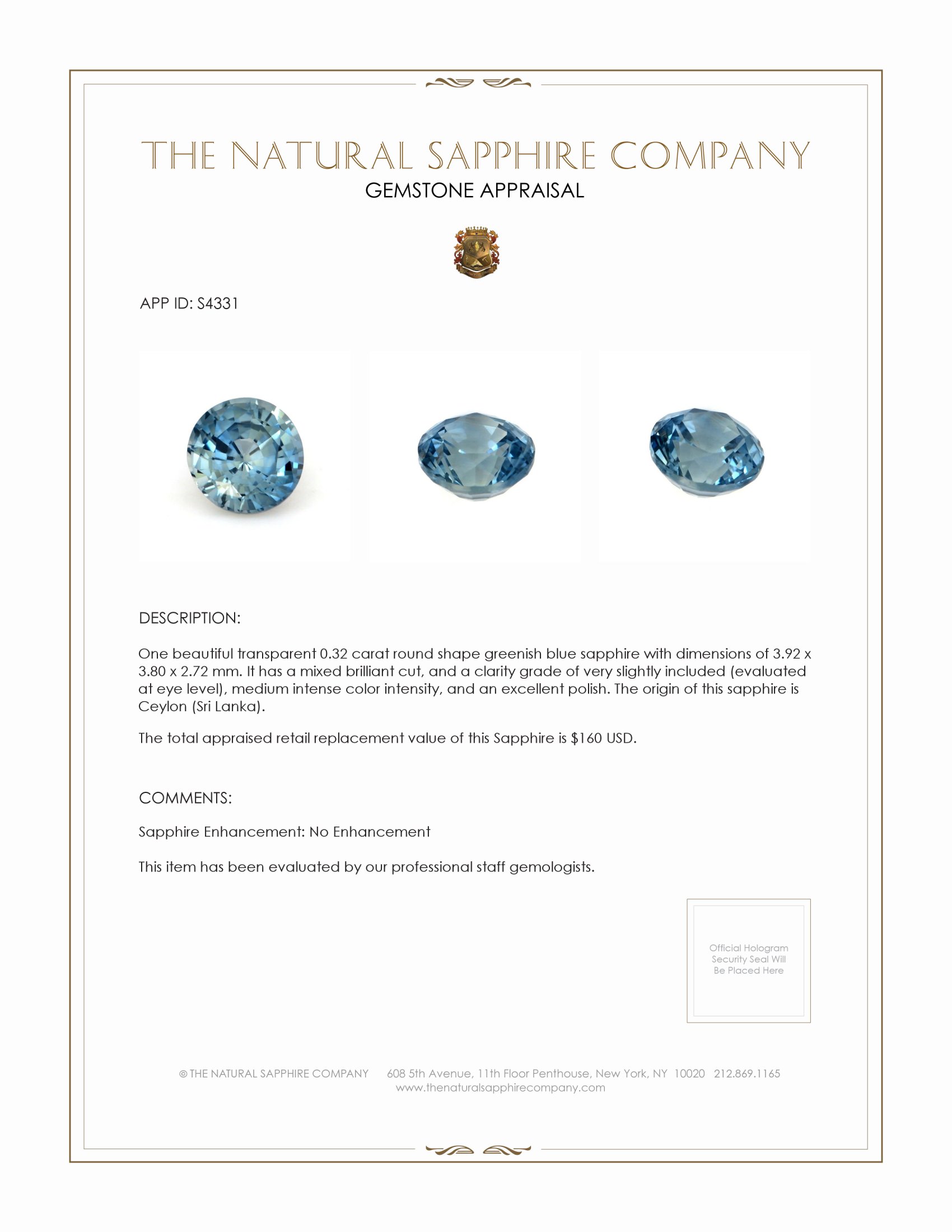 0.32 Ct. Greenish Blue Sapphire from Ceylon (Sri Lanka)