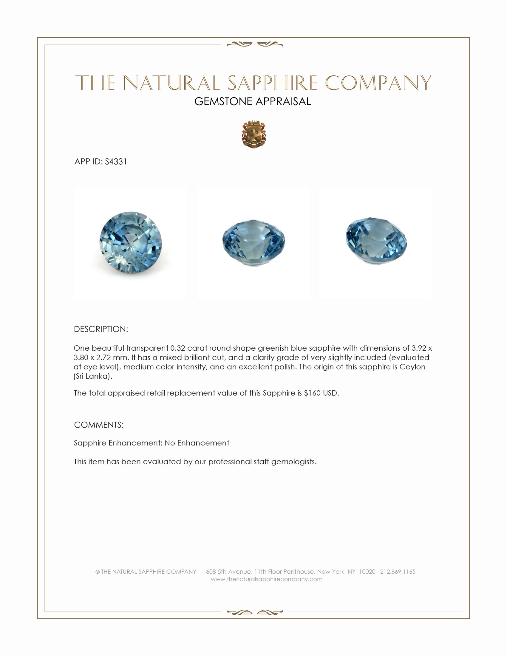 0.32 Ct. Greenish Blue Sapphire from Ceylon (Sri Lanka)