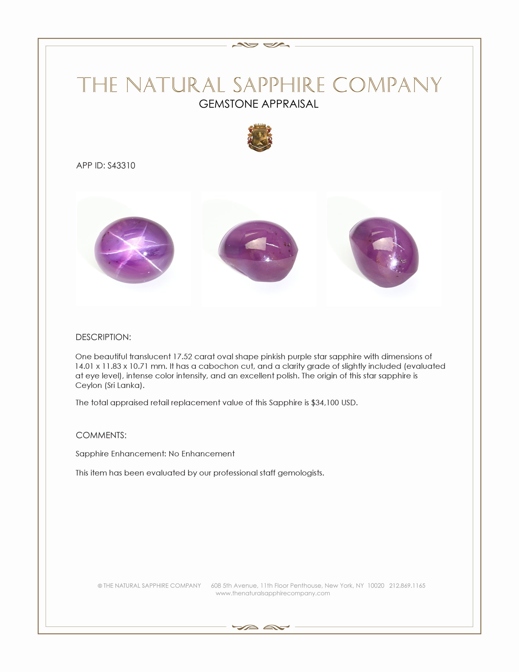 17.52 Ct. Pinkish Purple Star Sapphire from Ceylon (Sri Lanka)