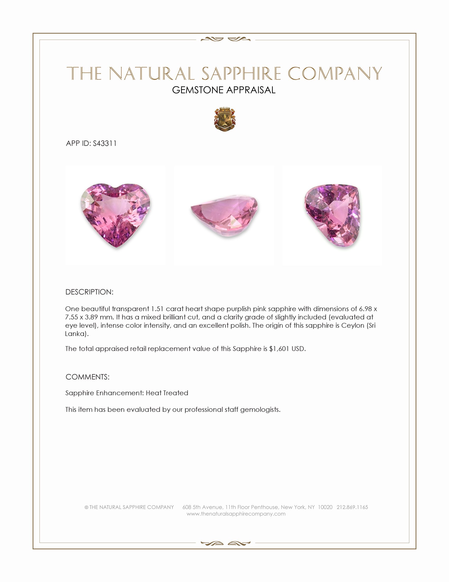 1.51 Ct. Purplish Pink Sapphire from Ceylon (Sri Lanka)