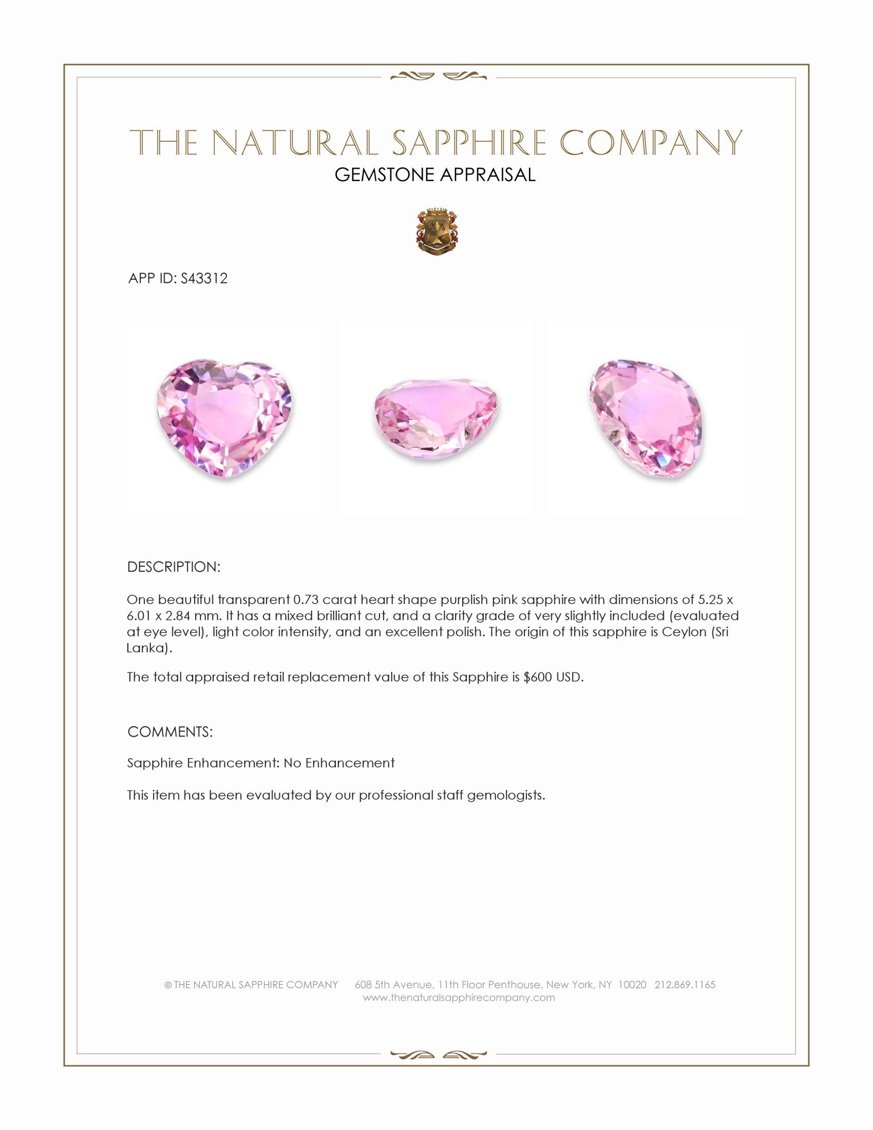 0.73 Ct. Purplish Pink Sapphire from Ceylon (Sri Lanka)
