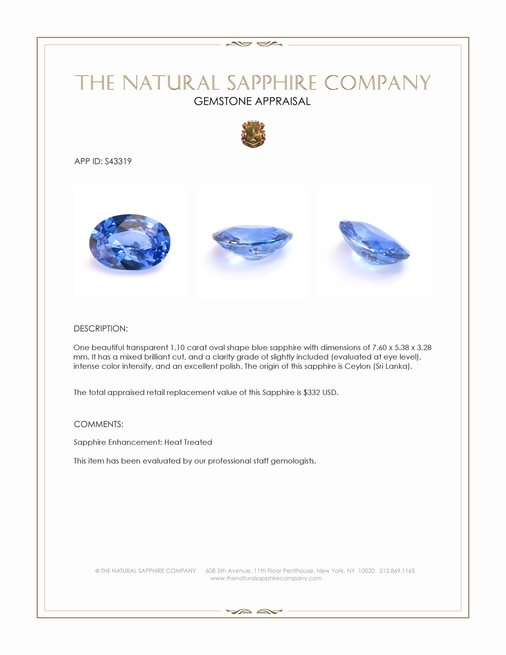 1.10 Ct. Blue Sapphire from Ceylon (Sri Lanka)