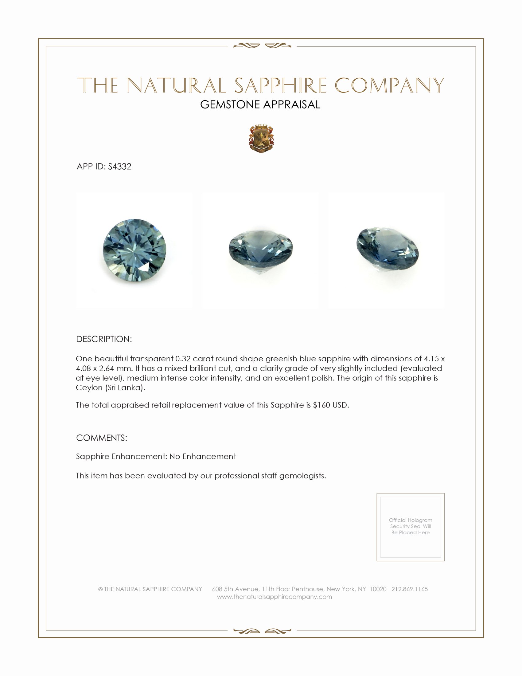 0.32 Ct. Greenish Blue Sapphire from Ceylon (Sri Lanka)