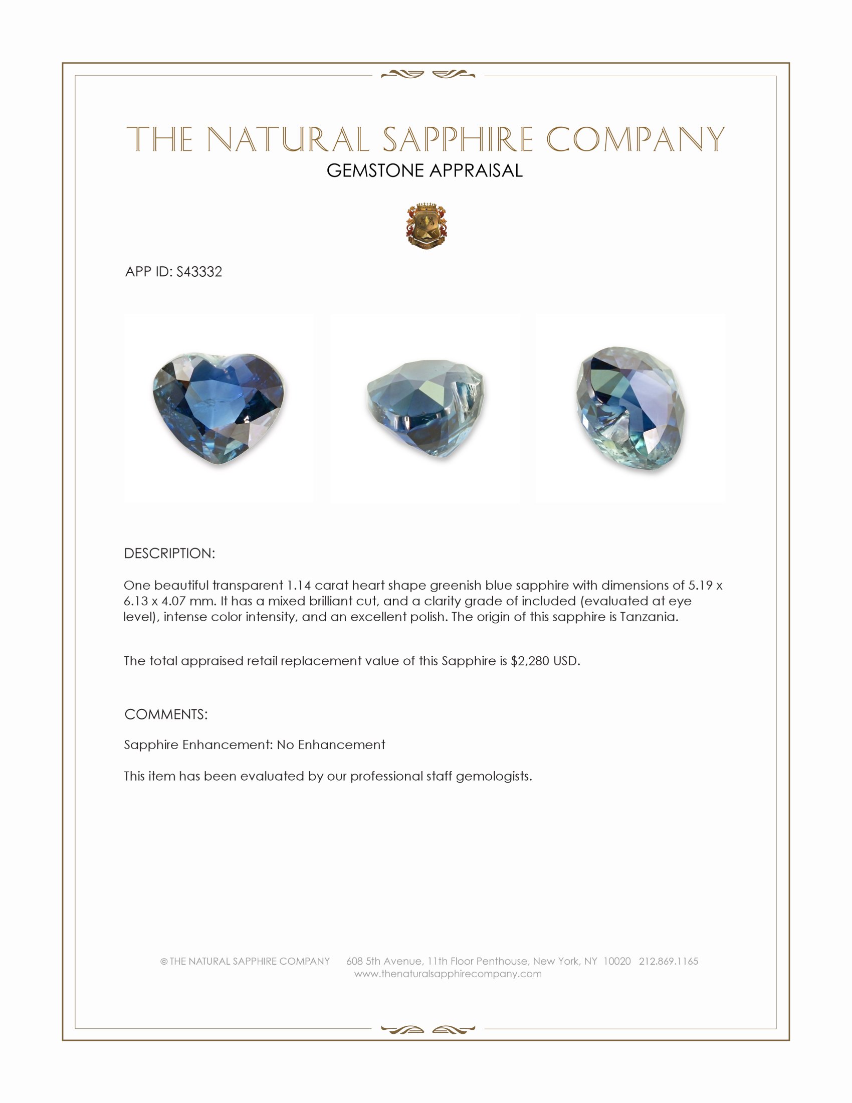 1.14 Ct. Greenish Blue Sapphire from Tanzania