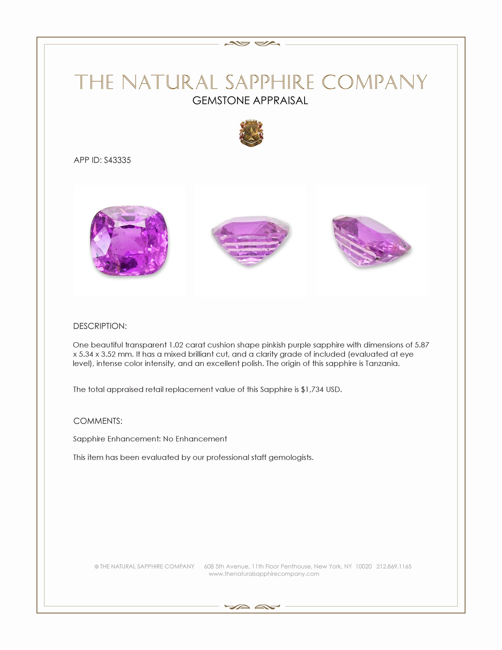 1.02 Ct. Pinkish Purple Sapphire from Tanzania