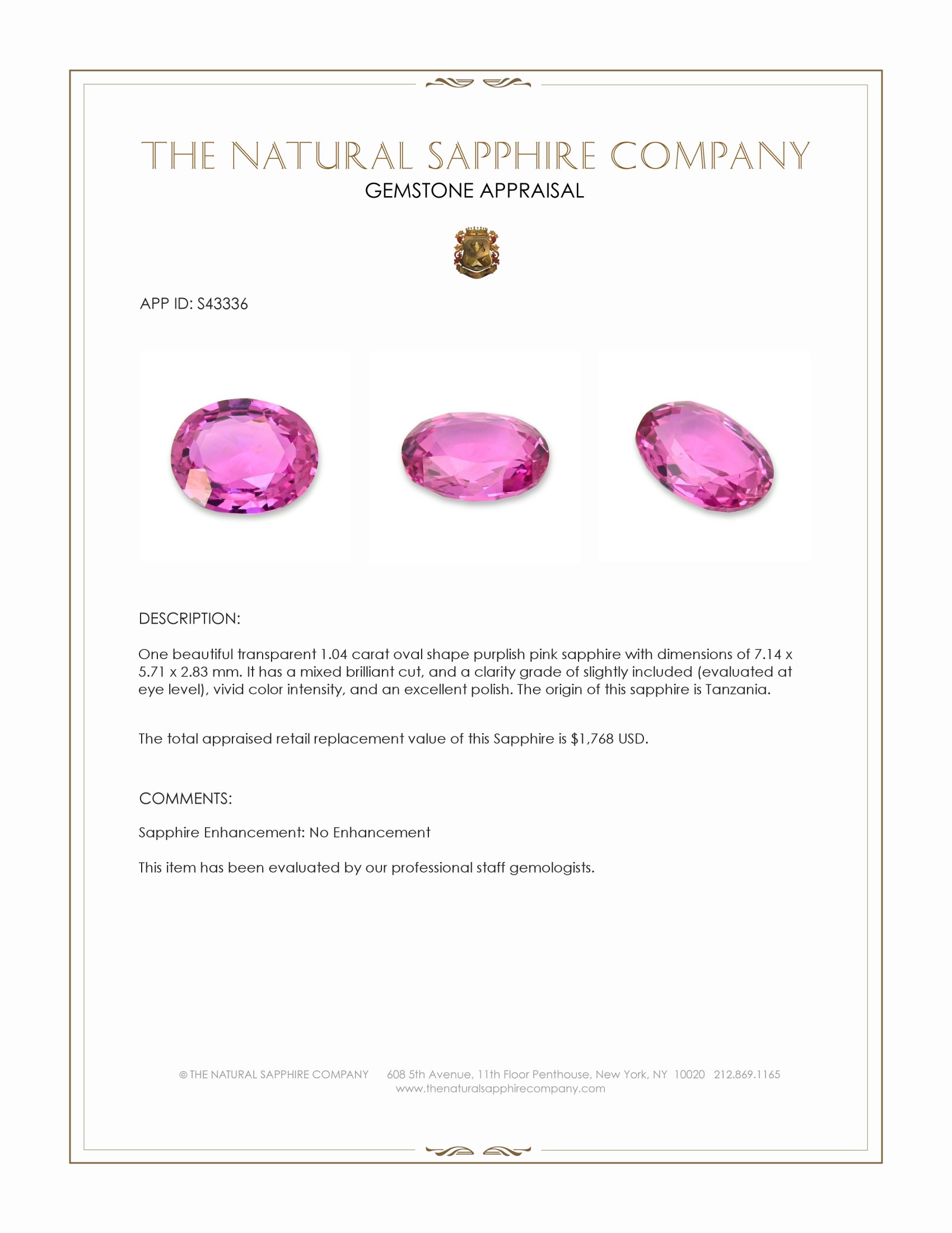 1.04 Ct. Purplish Pink Sapphire from Tanzania