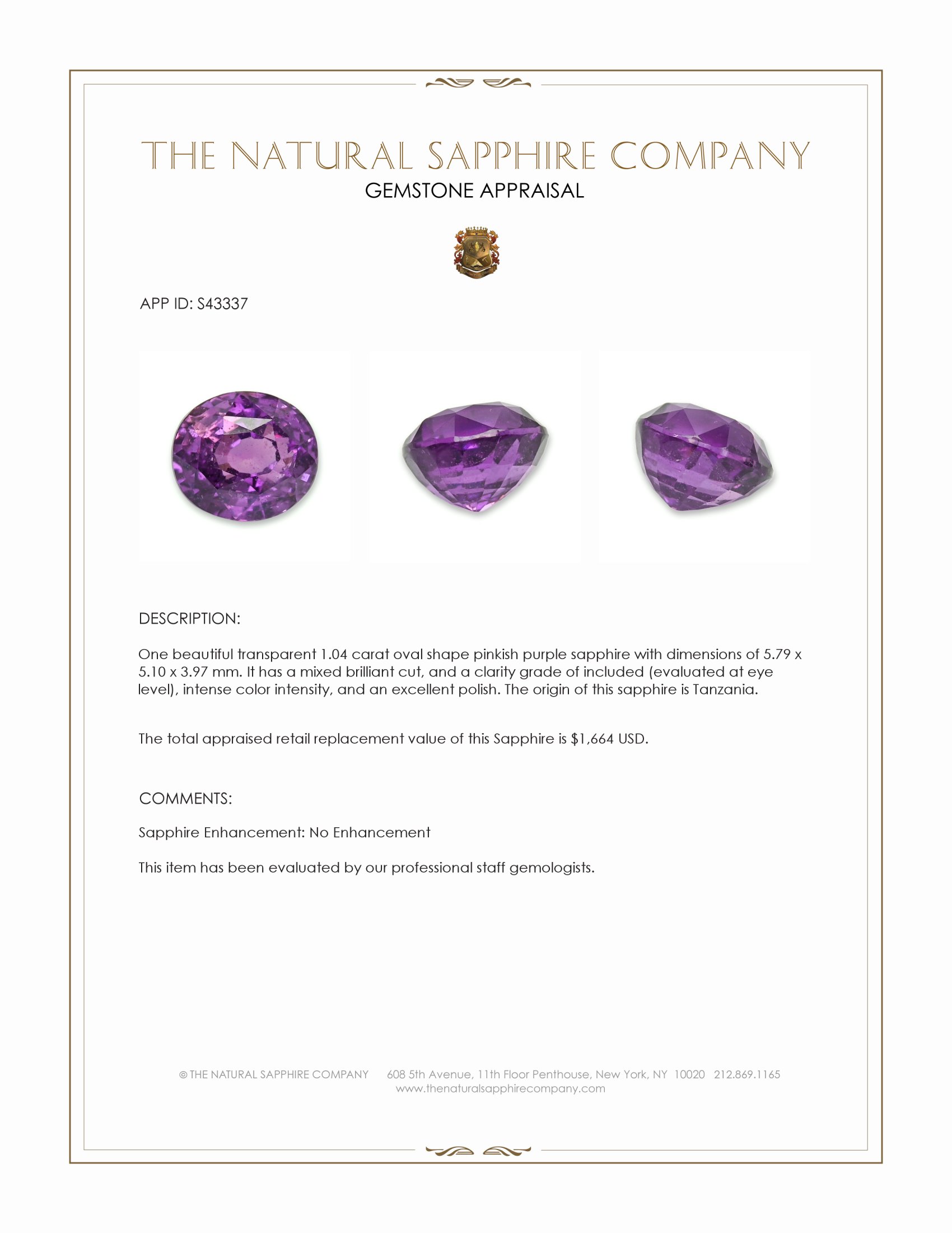 1.04 Ct. Pinkish Purple Sapphire from Tanzania