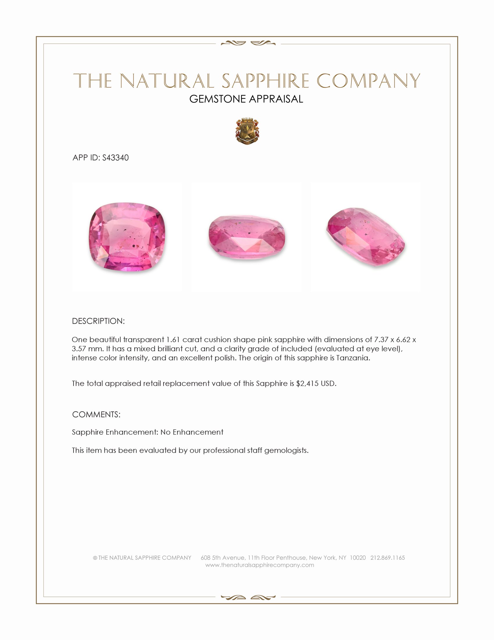 1.61 Ct. Pink Sapphire from Tanzania