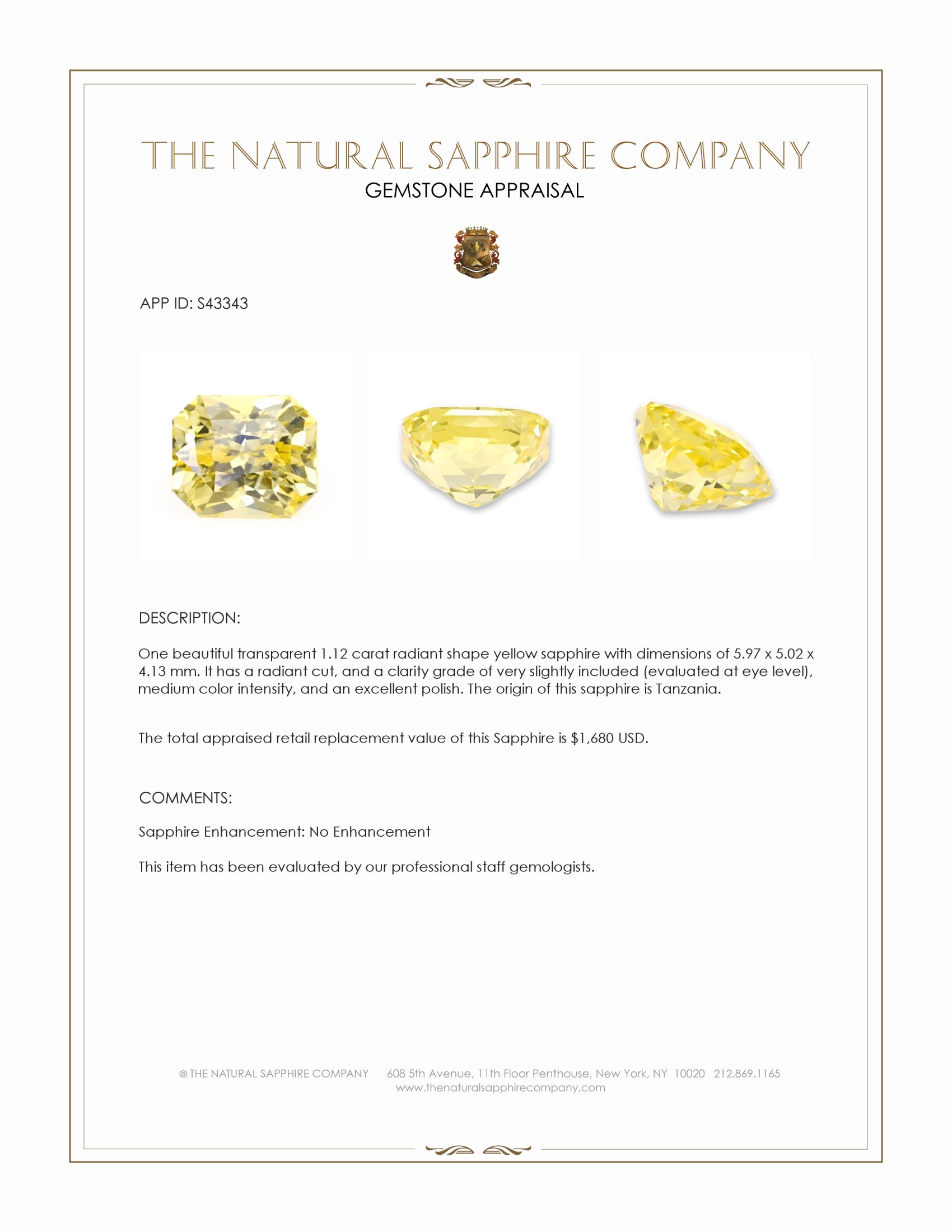 1.12 Ct. Yellow Sapphire from Tanzania