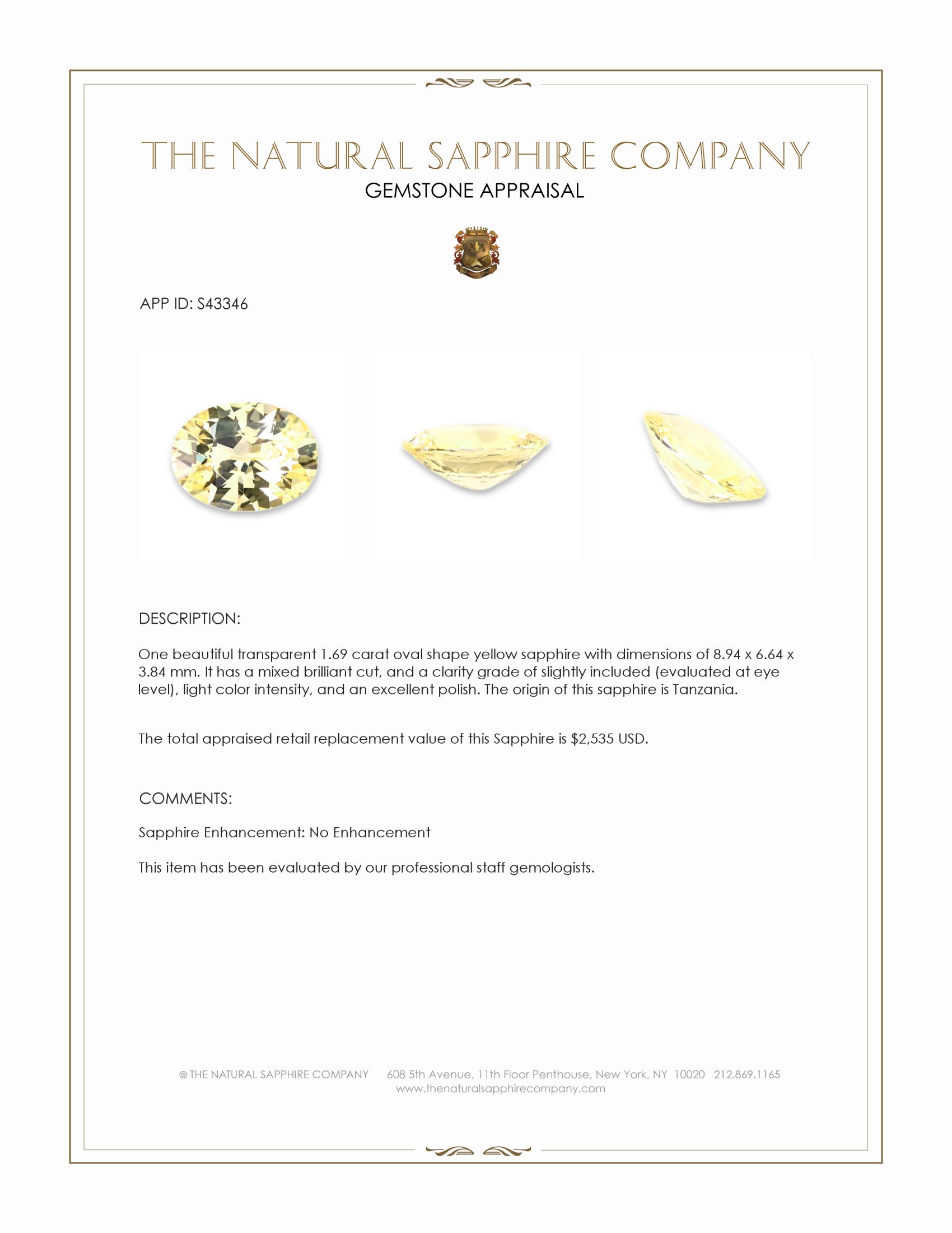 1.69 Ct. Yellow Sapphire from Tanzania