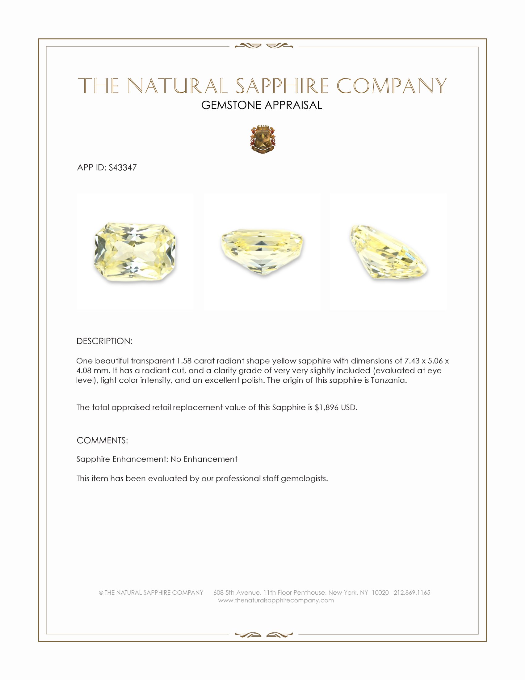 1.58 Ct. Yellow Sapphire from Tanzania