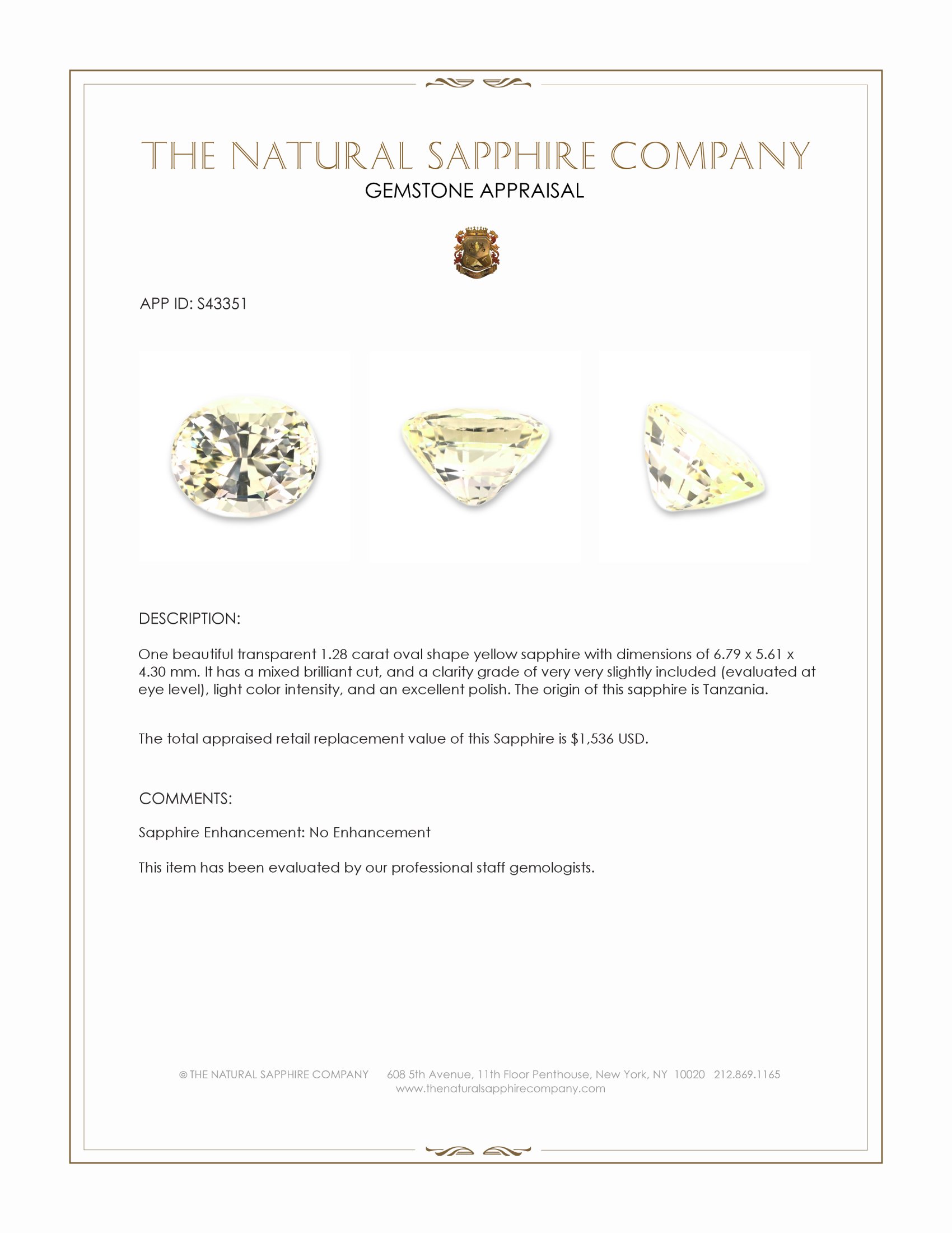 1.28 Ct. Yellow Sapphire from Tanzania