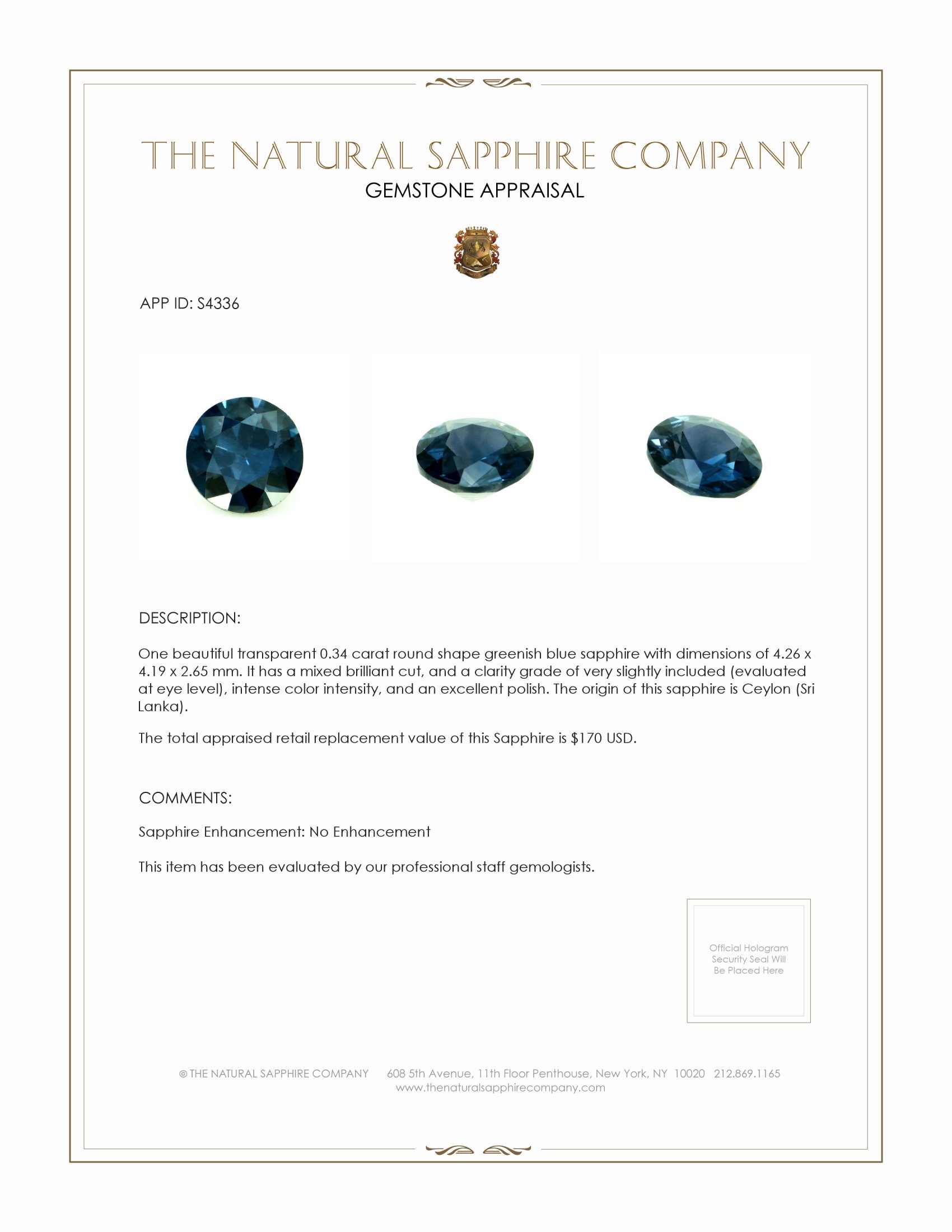 0.34 Ct. Greenish Blue Sapphire from Ceylon (Sri Lanka)