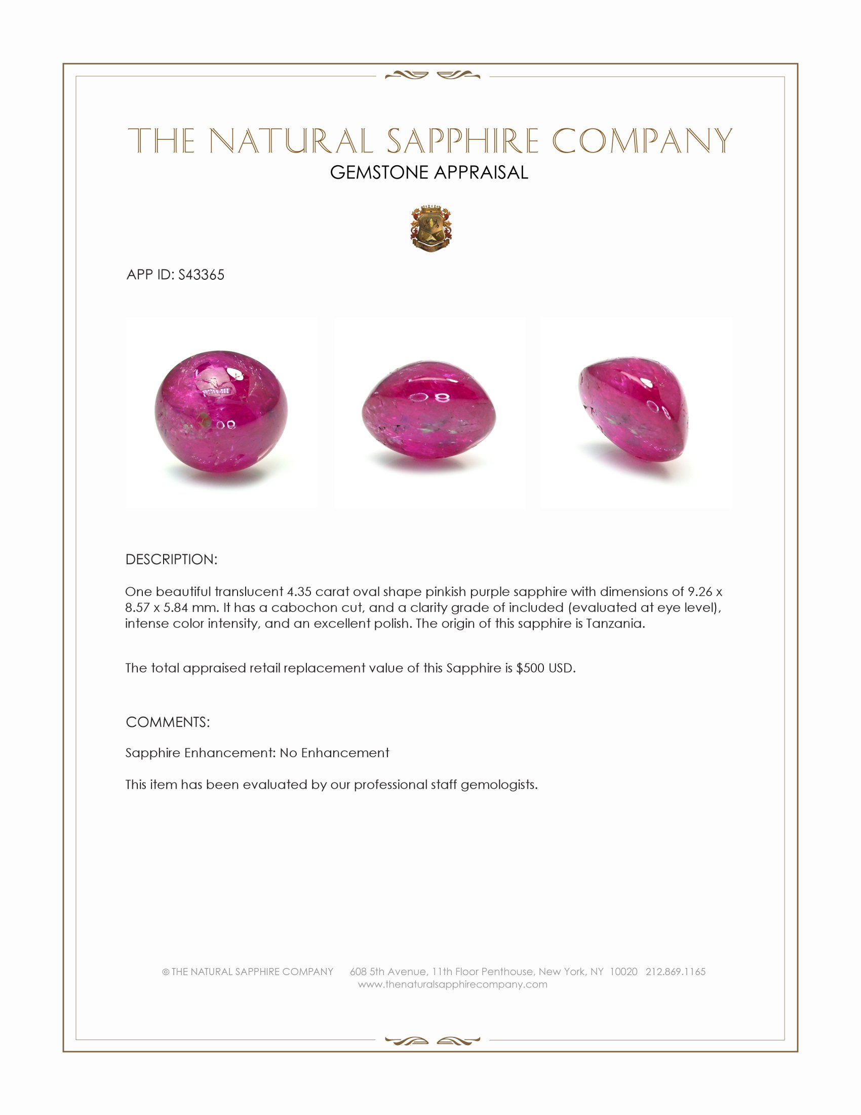 4.35 Ct. Pinkish Purple Cabochon Sapphire from Tanzania