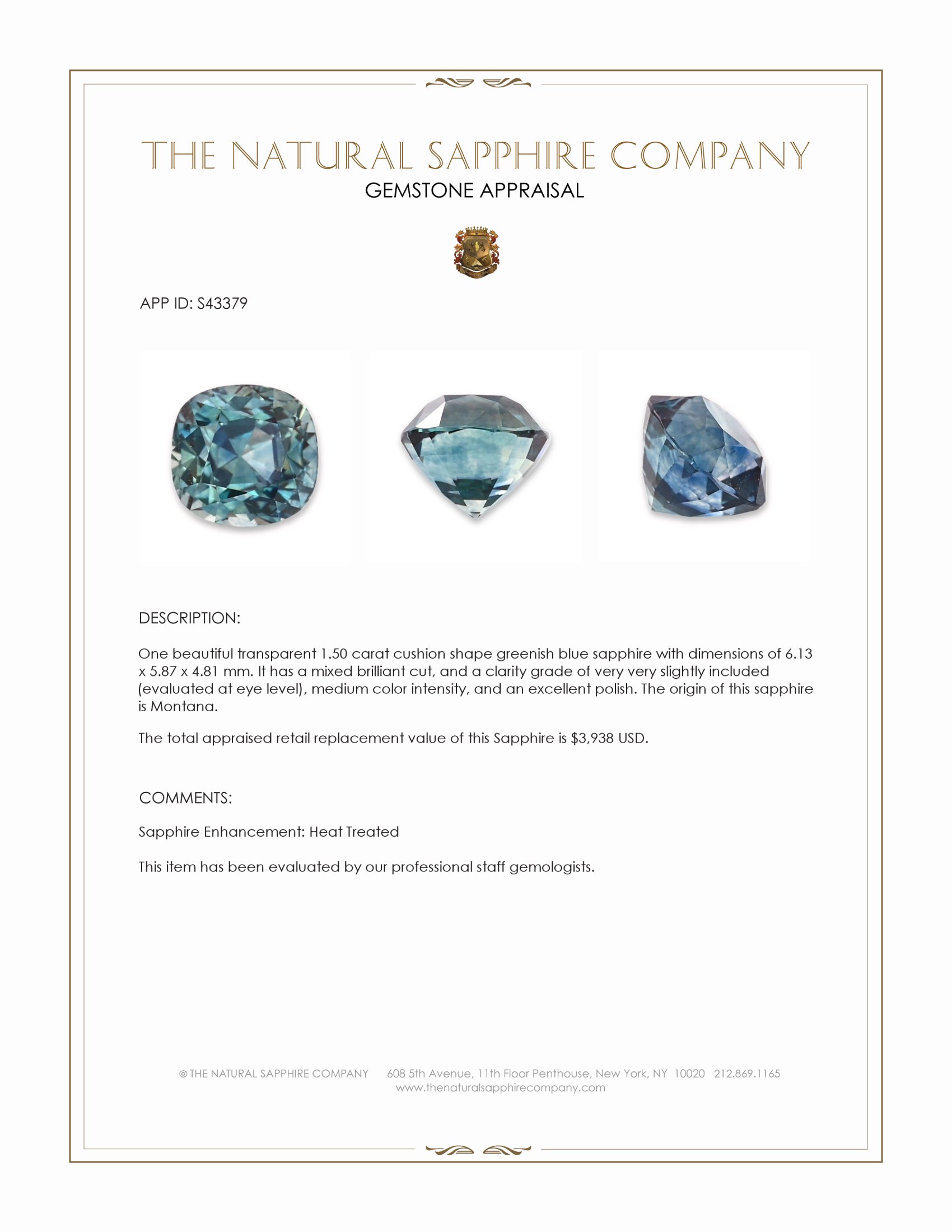 1.50 Ct. Greenish Blue Sapphire from Montana