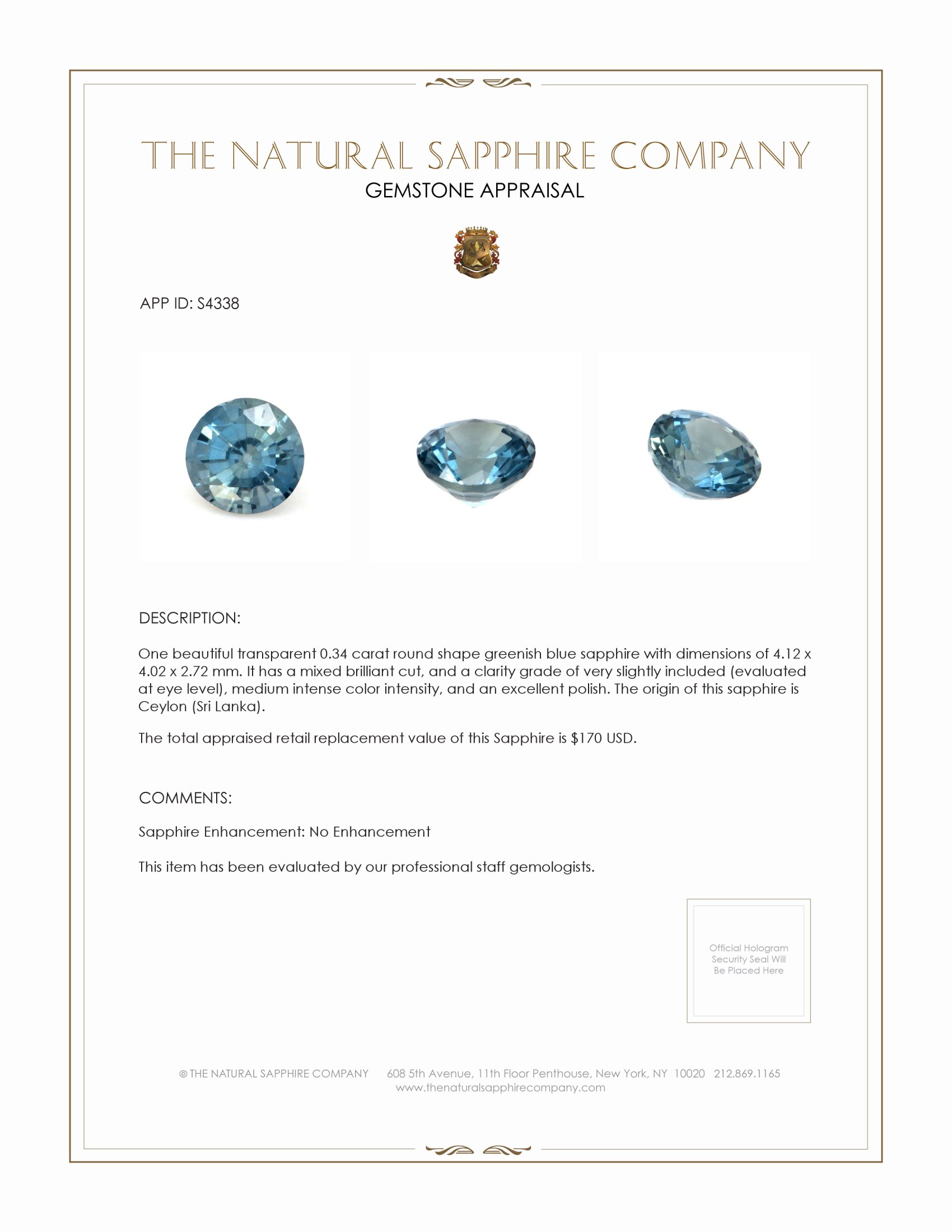 0.34 Ct. Greenish Blue Sapphire from Ceylon (Sri Lanka)