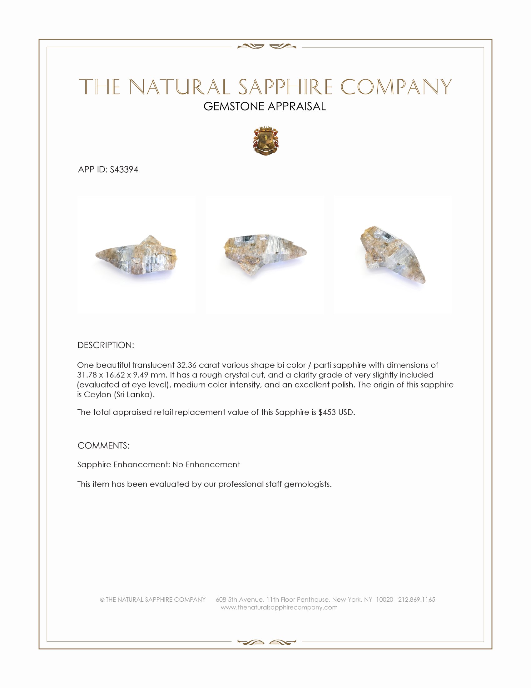 32.36 Ct. Bi Color / Parti Sapphire from Ceylon (Sri Lanka)