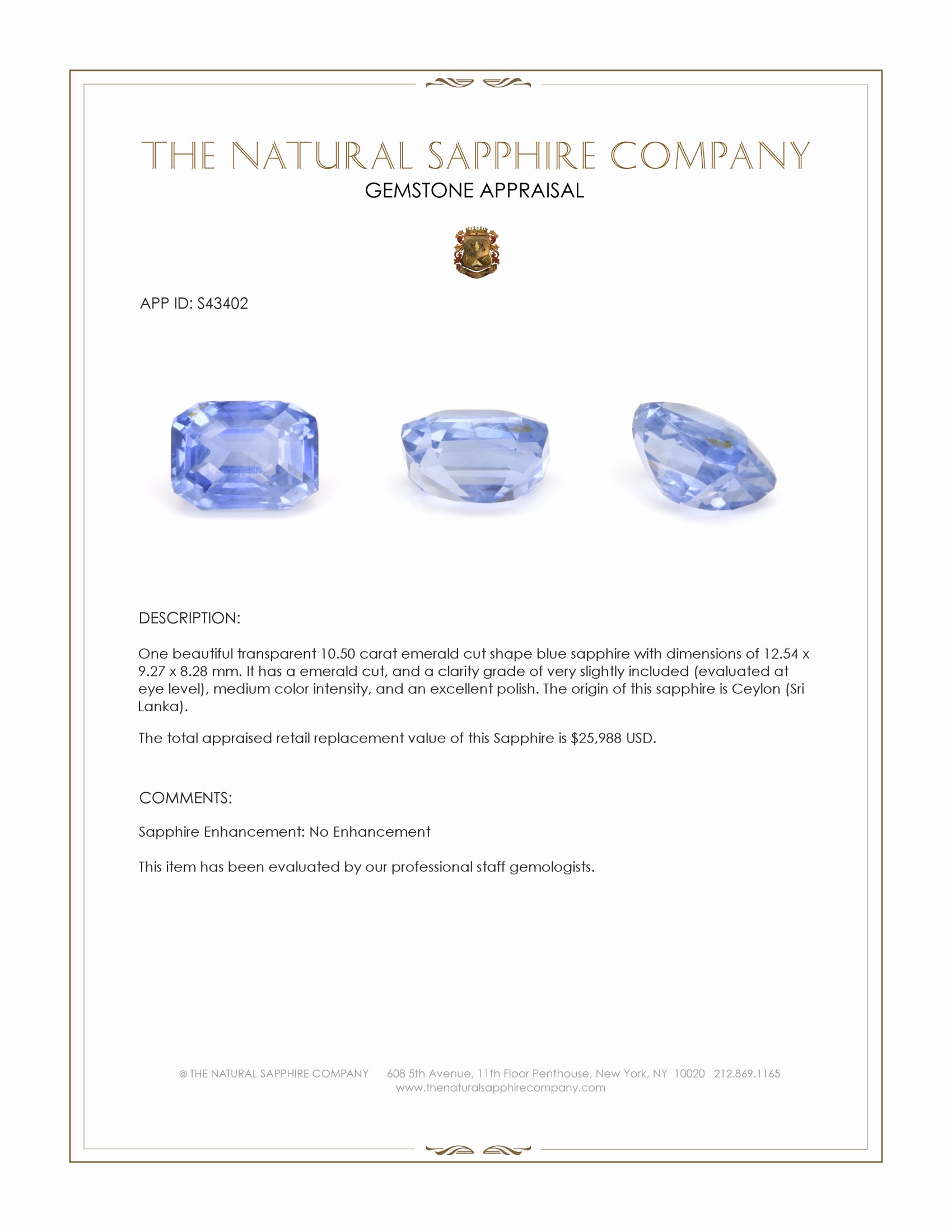 10.50 Ct. Blue Sapphire from Ceylon (Sri Lanka)