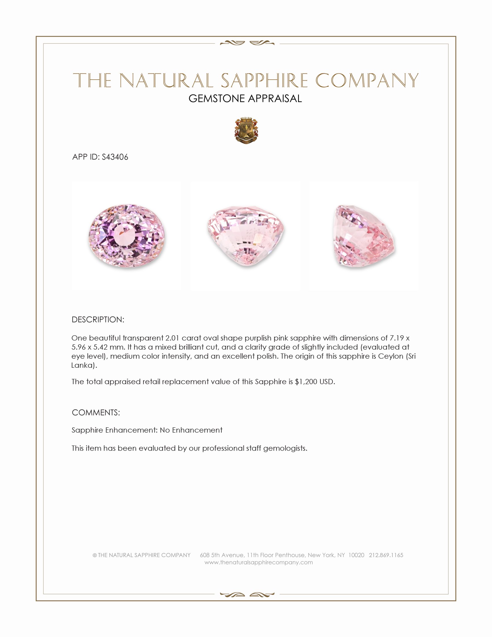 2.01 Ct. Purplish Pink Sapphire from Ceylon (Sri Lanka)