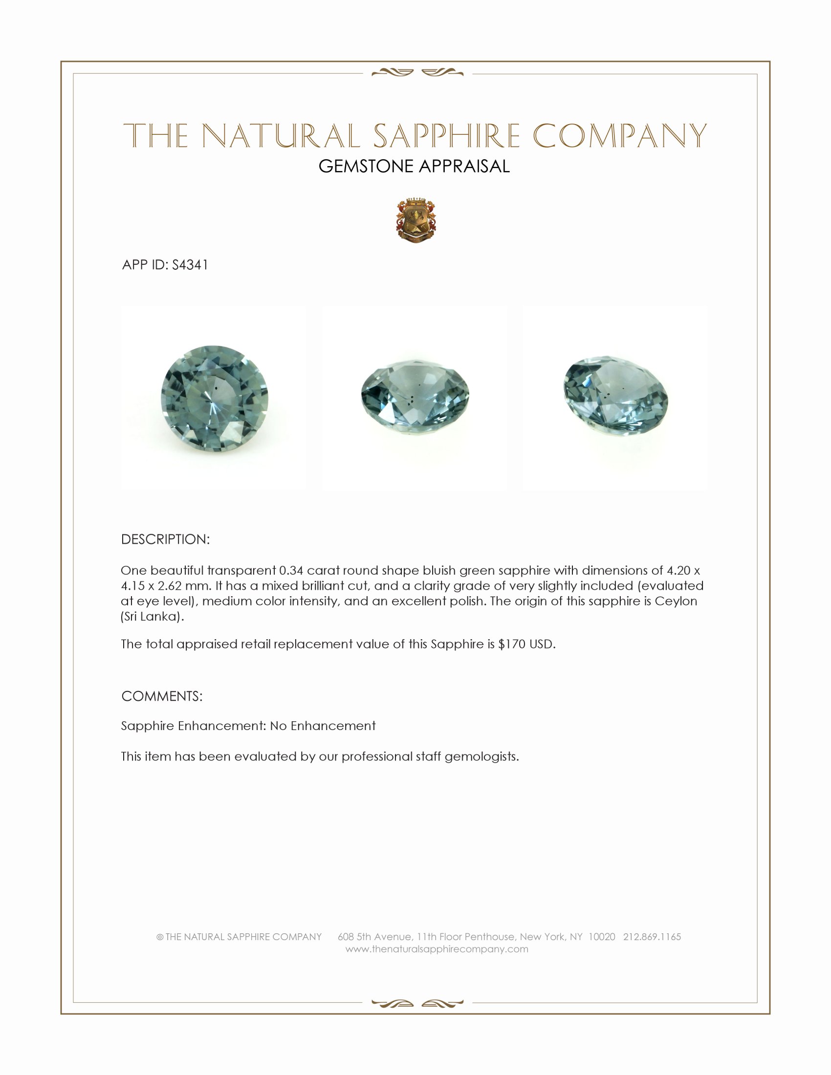 0.34 Ct. Bluish Green Sapphire from Ceylon (Sri Lanka)