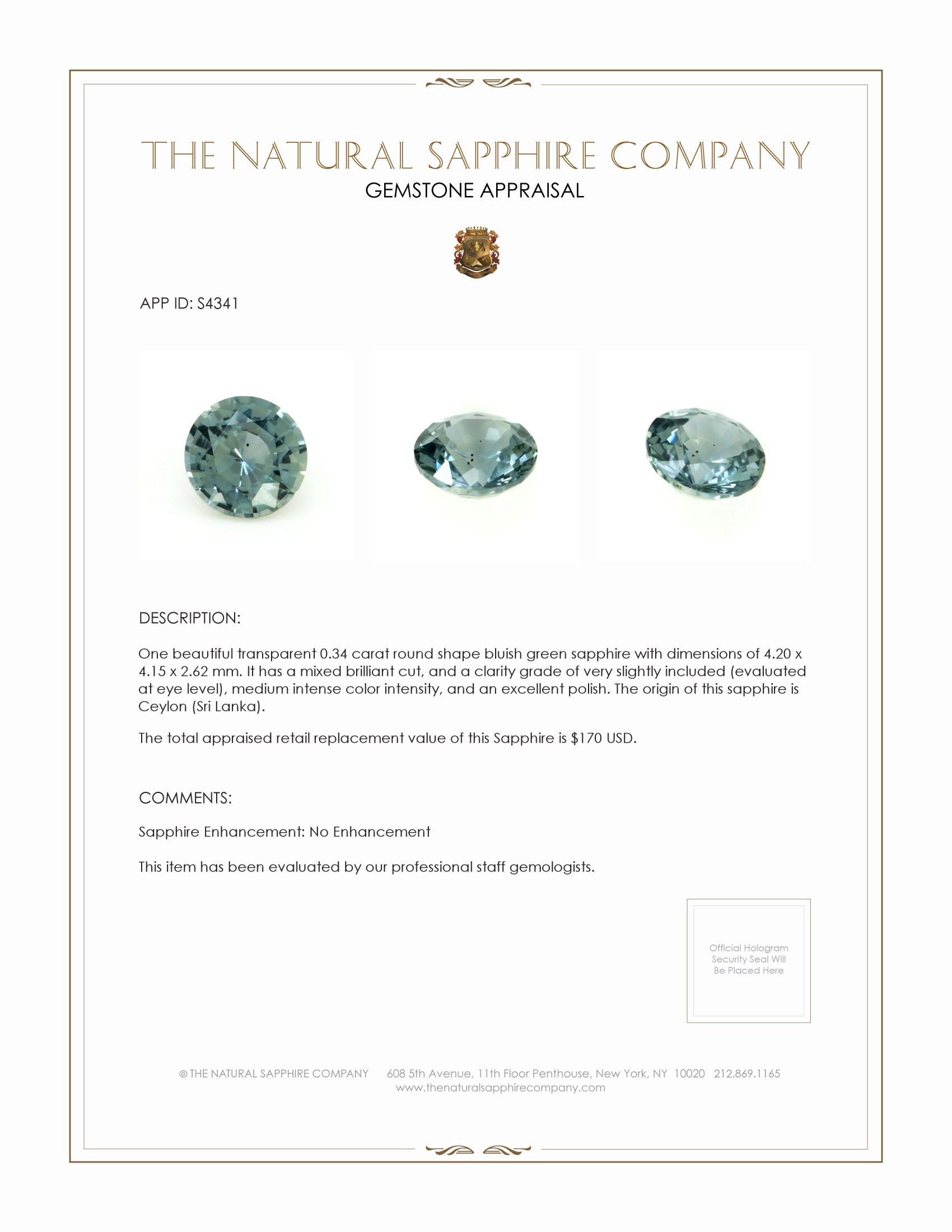 0.34 Ct. Bluish Green Sapphire from Ceylon (Sri Lanka)